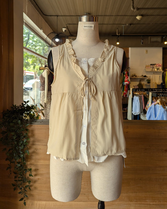 White Button Up Tank Top with Contrasting Tied Layer