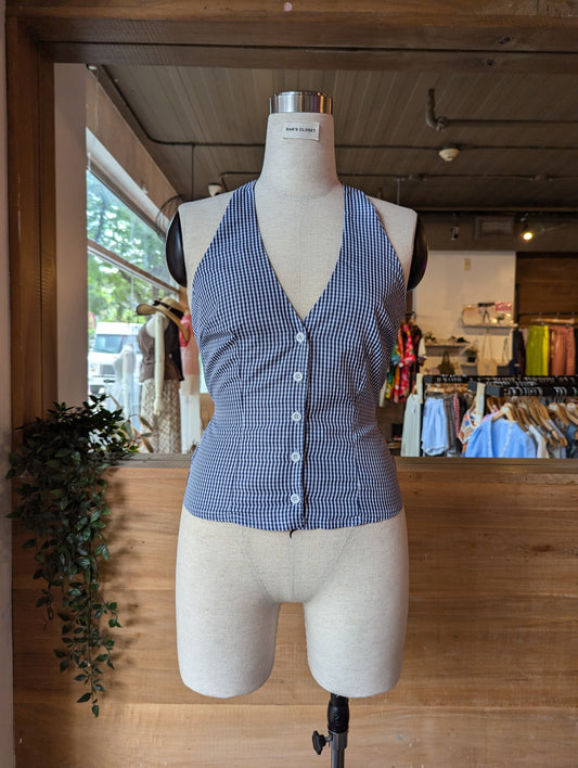 Blue Gingham Button Down Halter Top