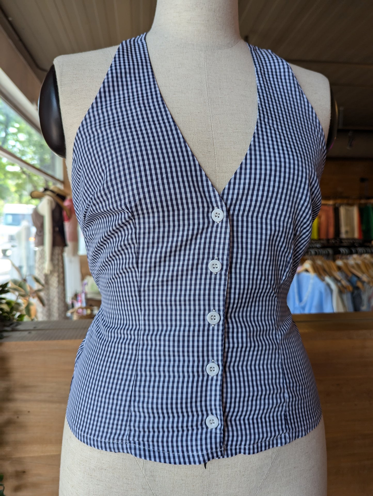 Blue Gingham Button Down Halter Top