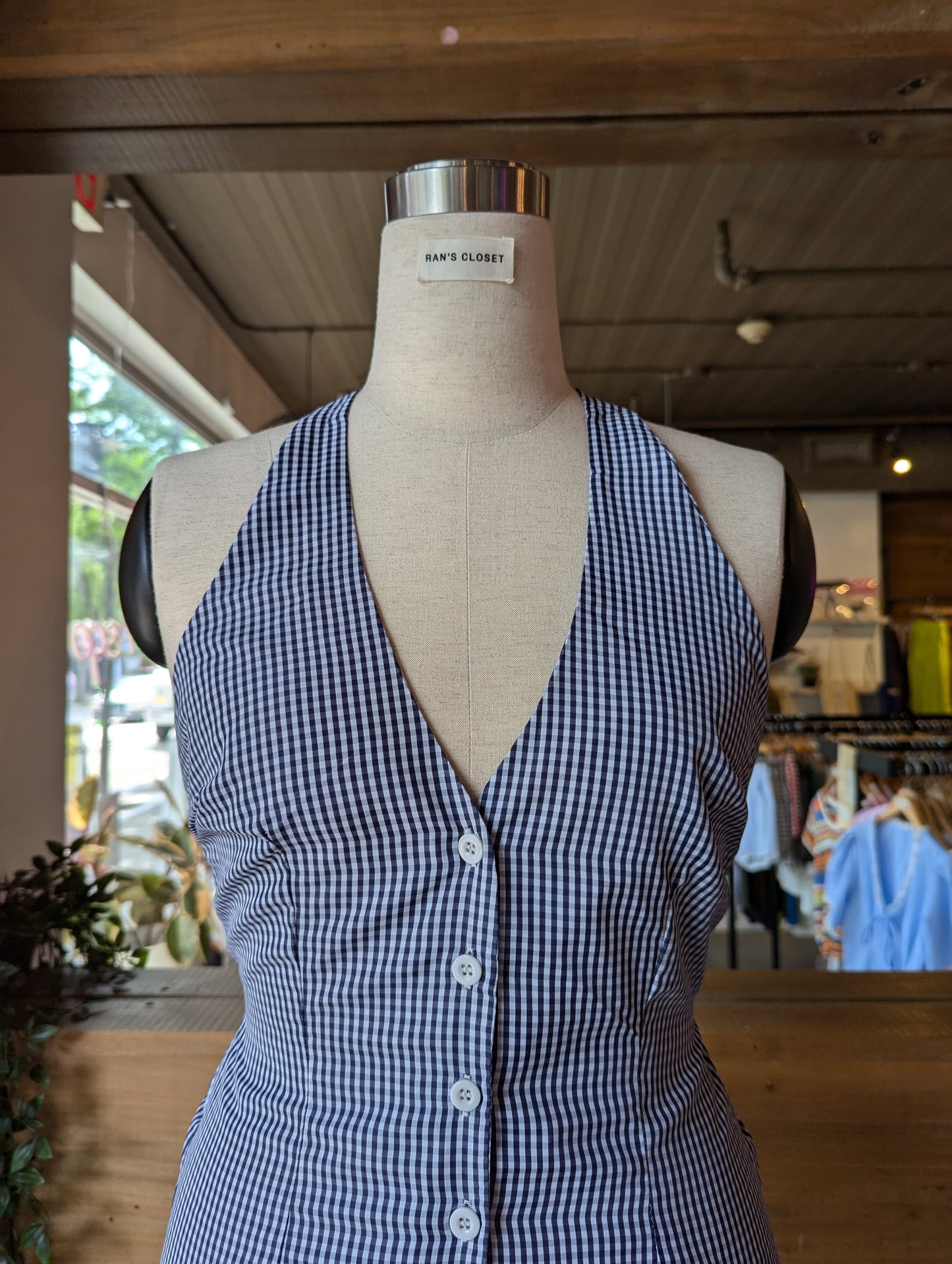 Blue Gingham Button Down Halter Top