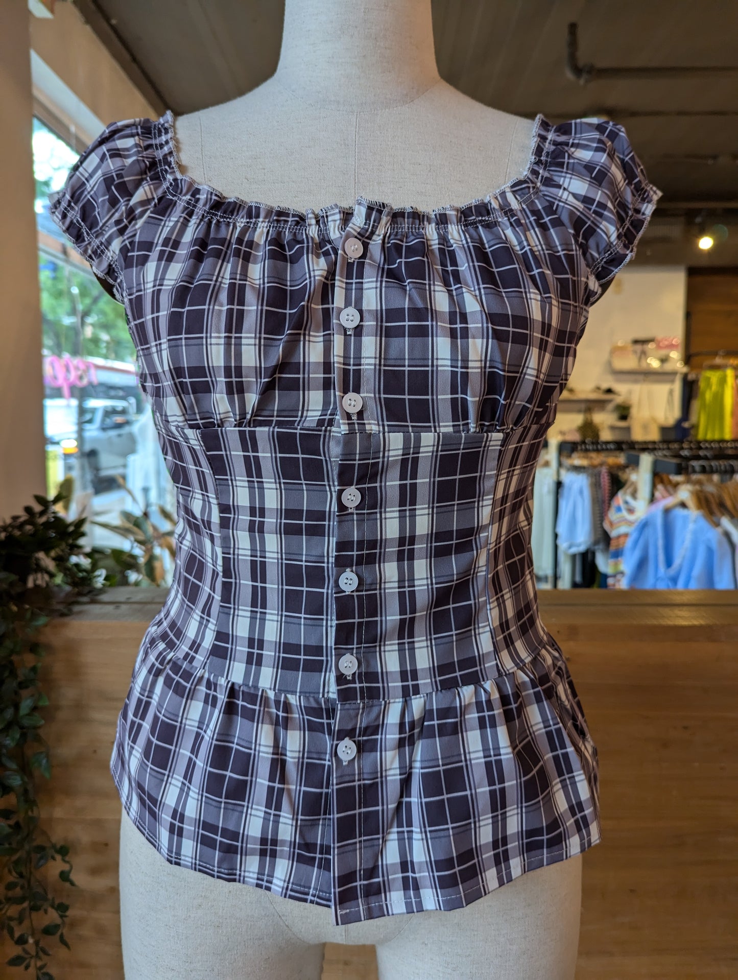 Plaid Puff Sleeve Top