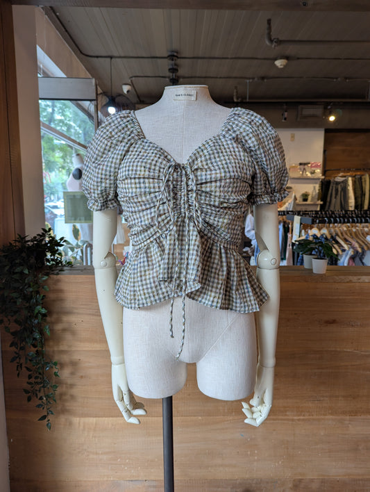 Rouched Puff Sleeve Plaid Top