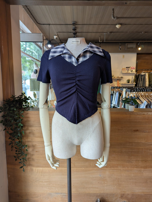 Plaid Collar Rouched Top