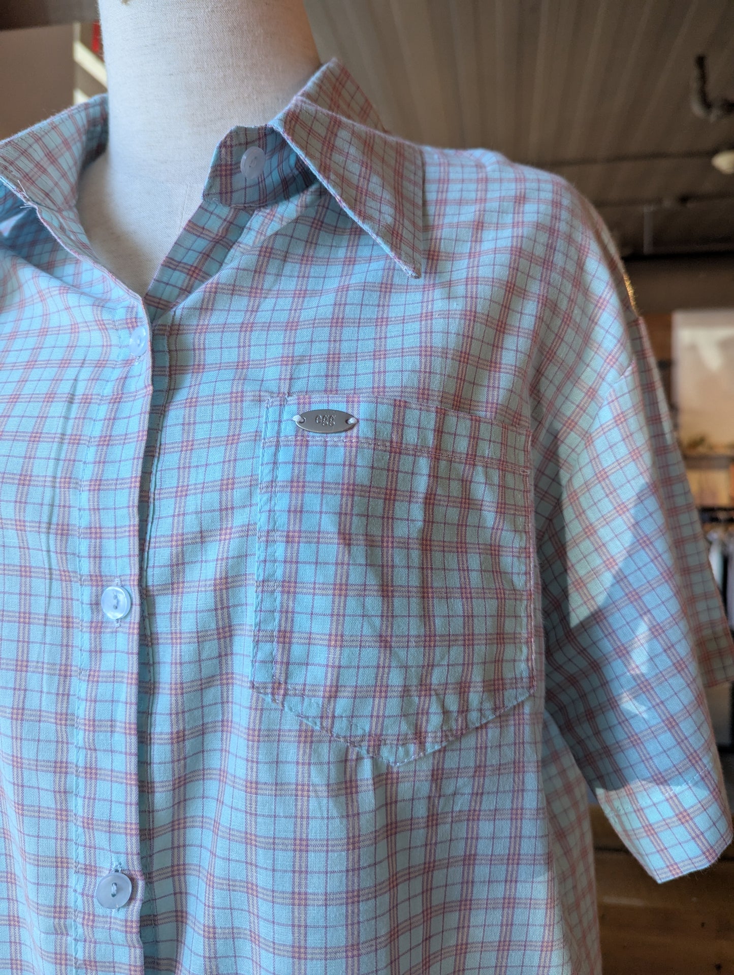 Cropped Short Sleeve Plaid Button Up