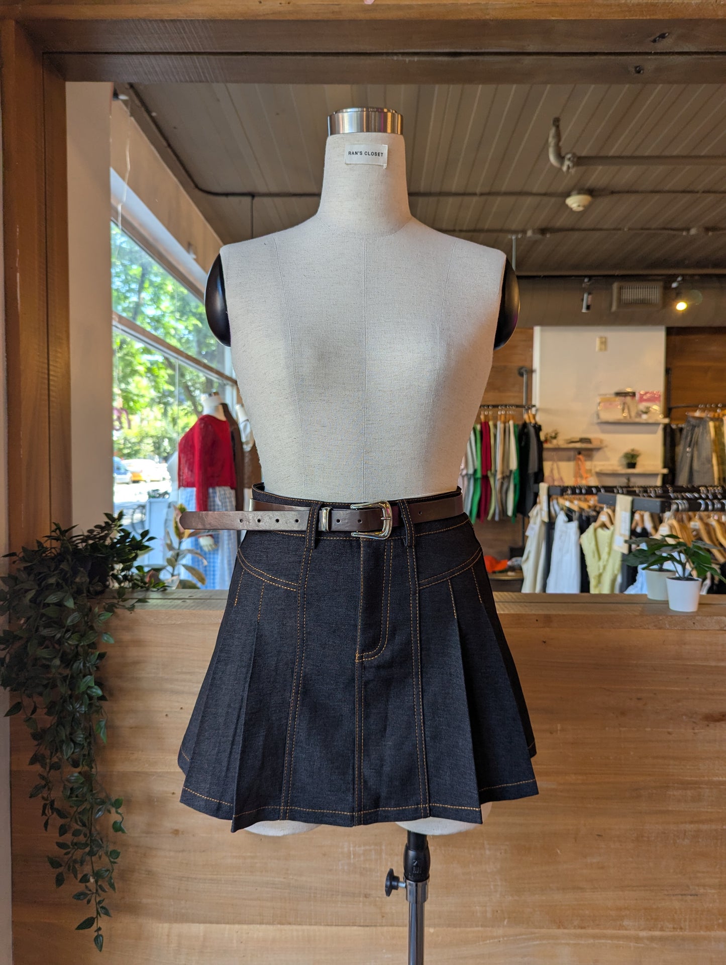 Pleated Denim Mini Skirt with Belt