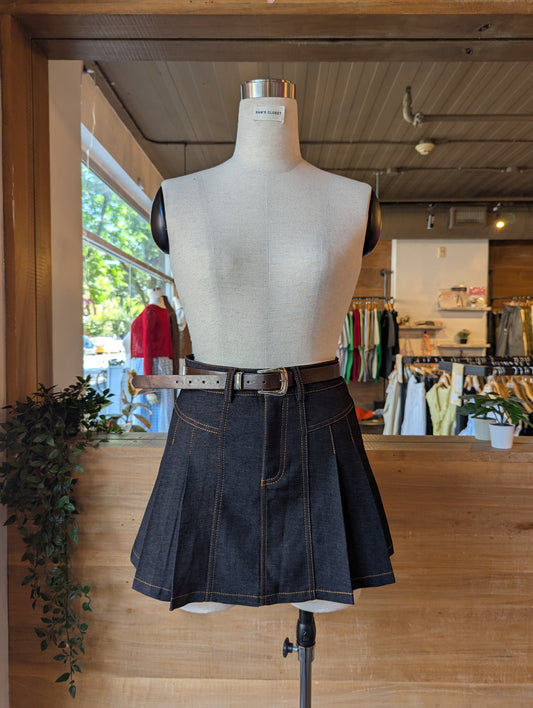 Pleated Denim Mini Skirt with Belt