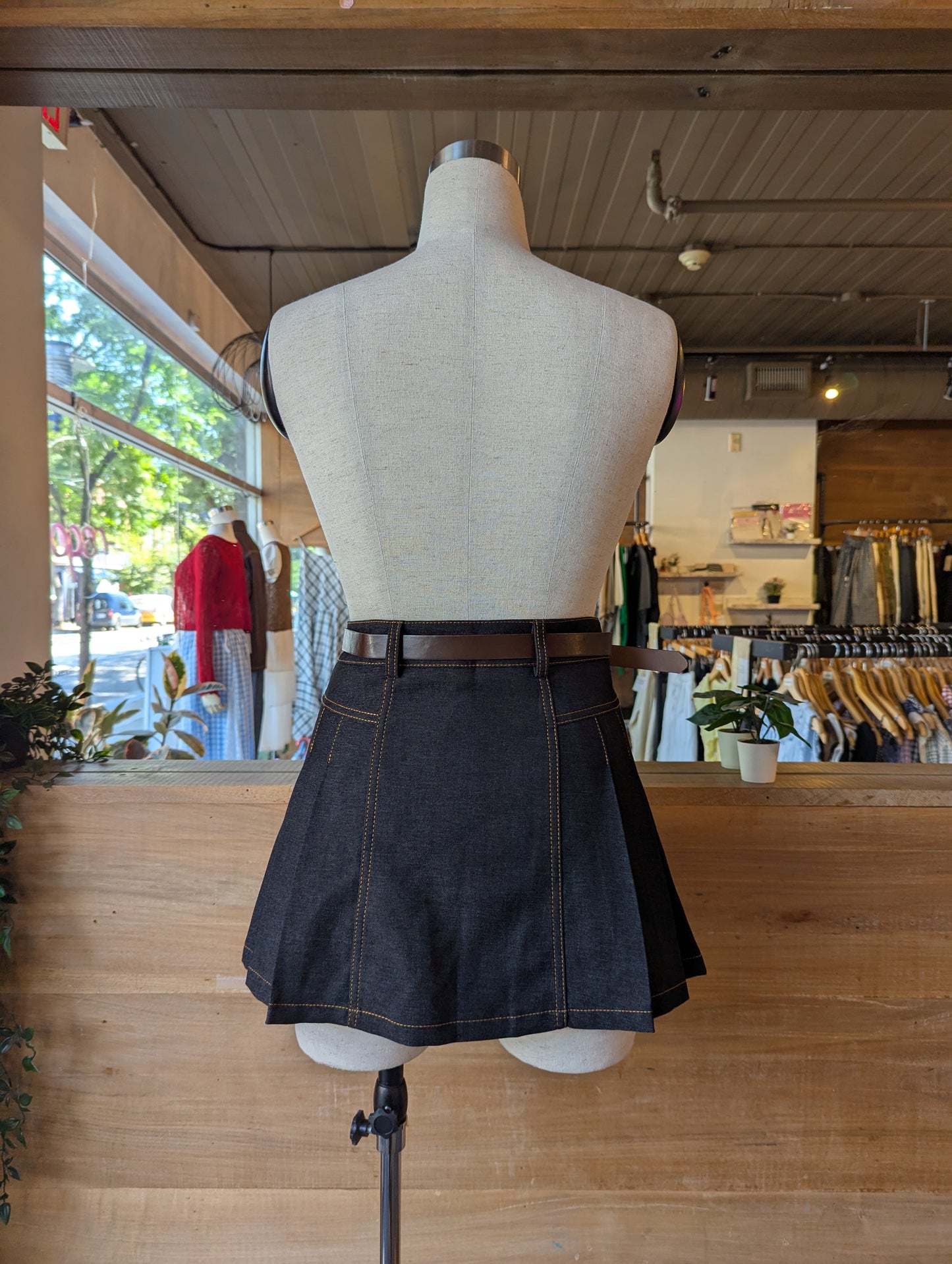 Pleated Denim Mini Skirt with Belt