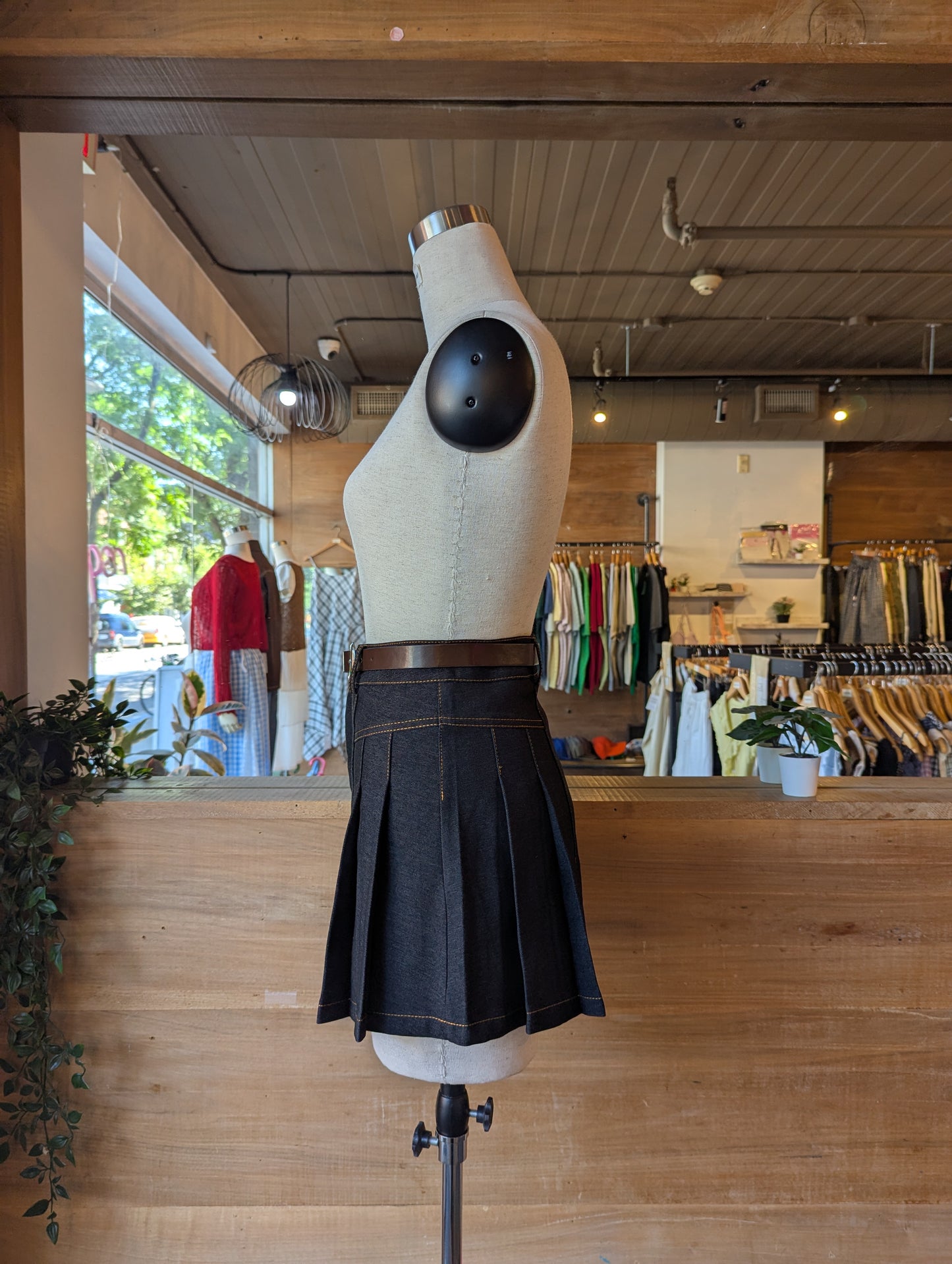 Pleated Denim Mini Skirt with Belt