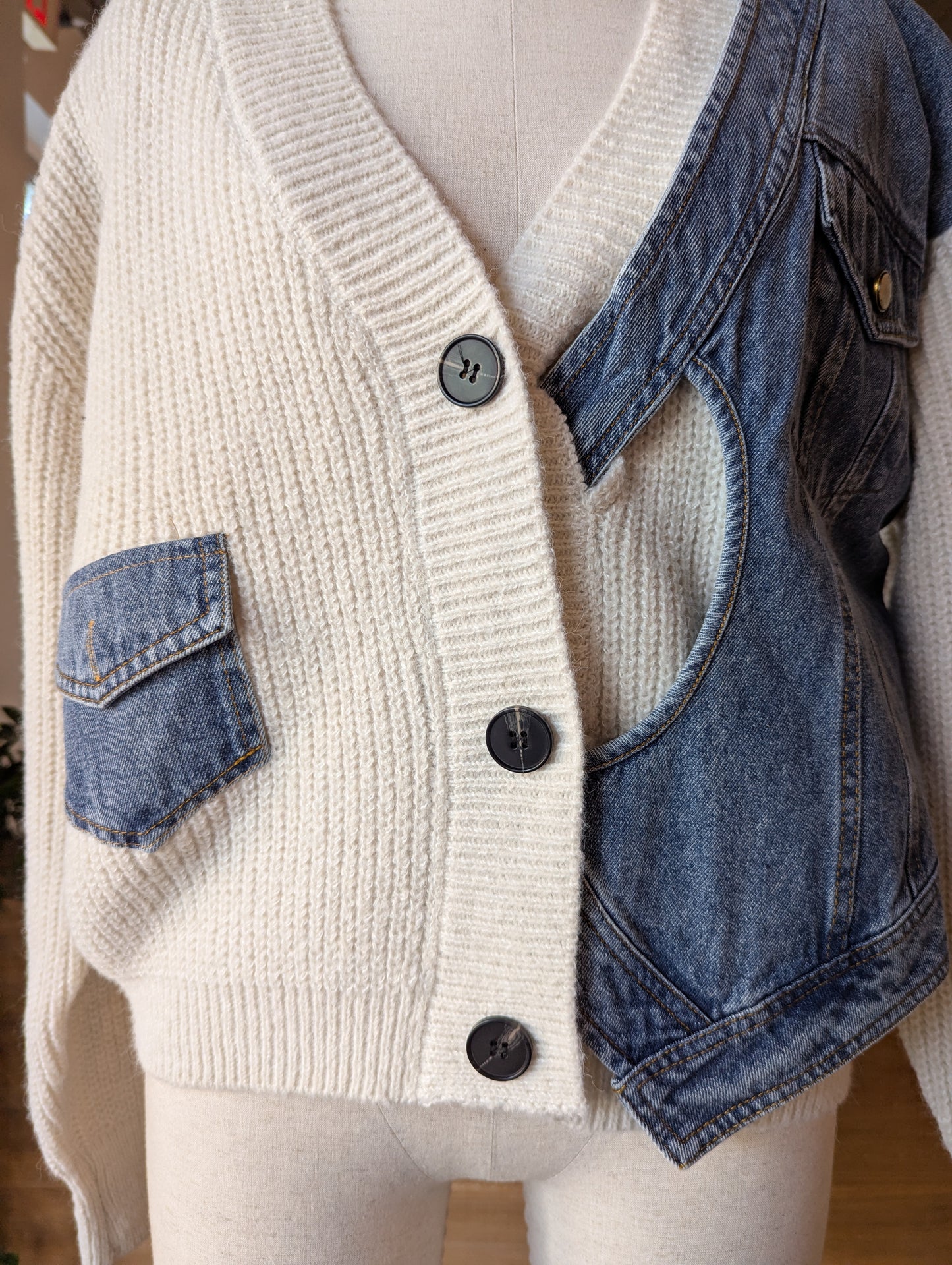 Denim Twist Detail Knit Cardigan