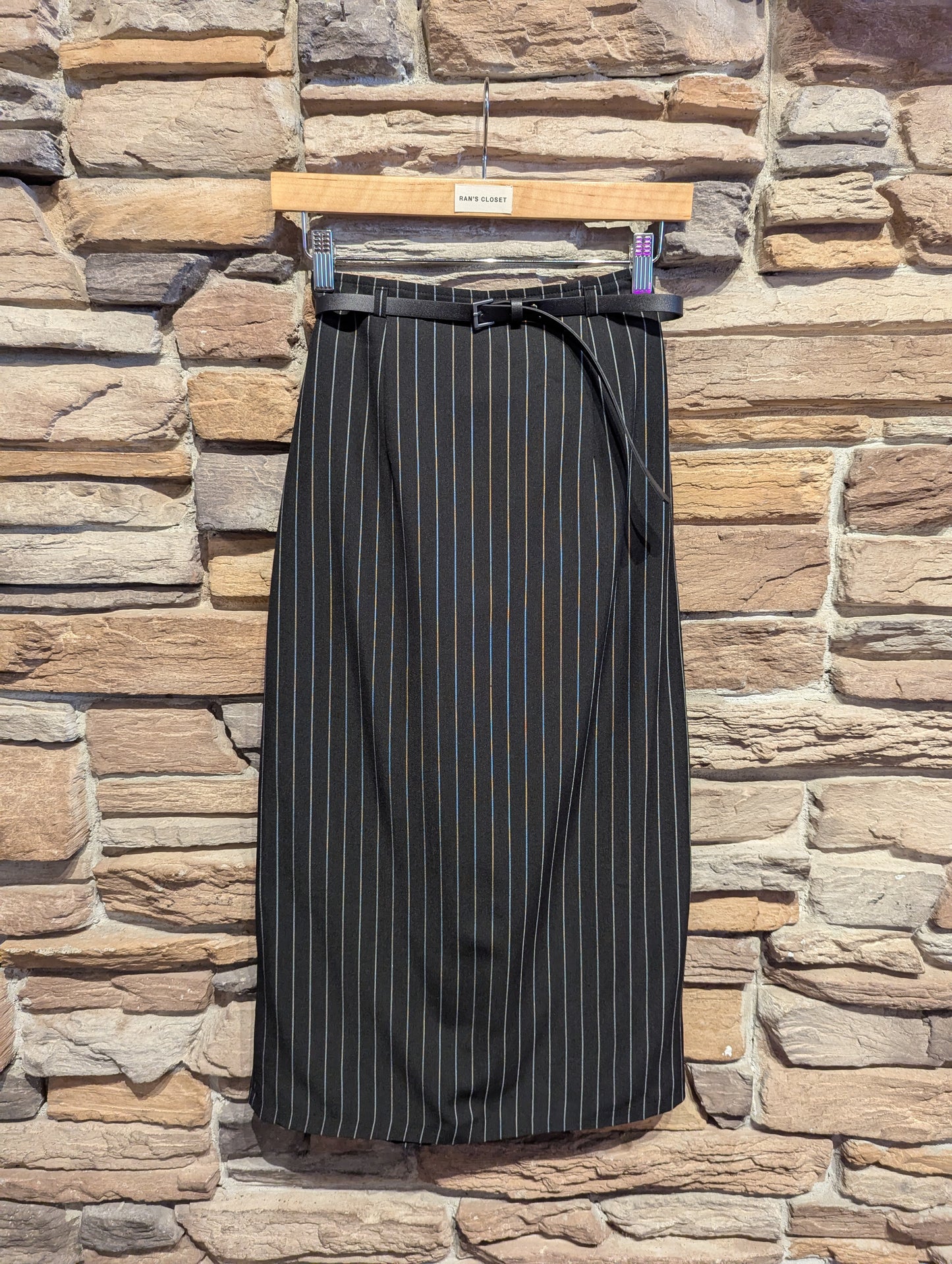 Pinstripe Midi Skirt with Belt