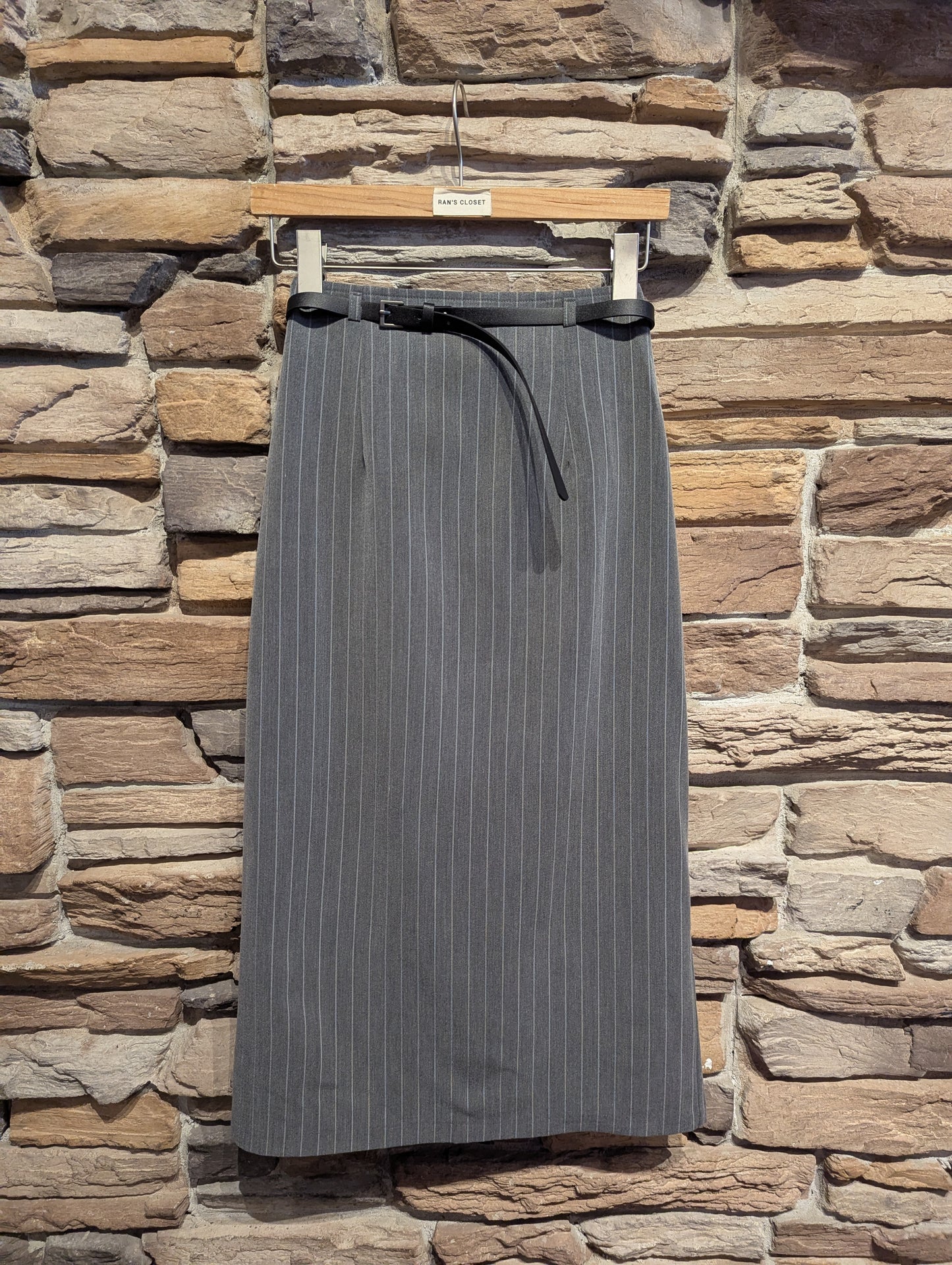 Pinstripe Midi Skirt with Belt