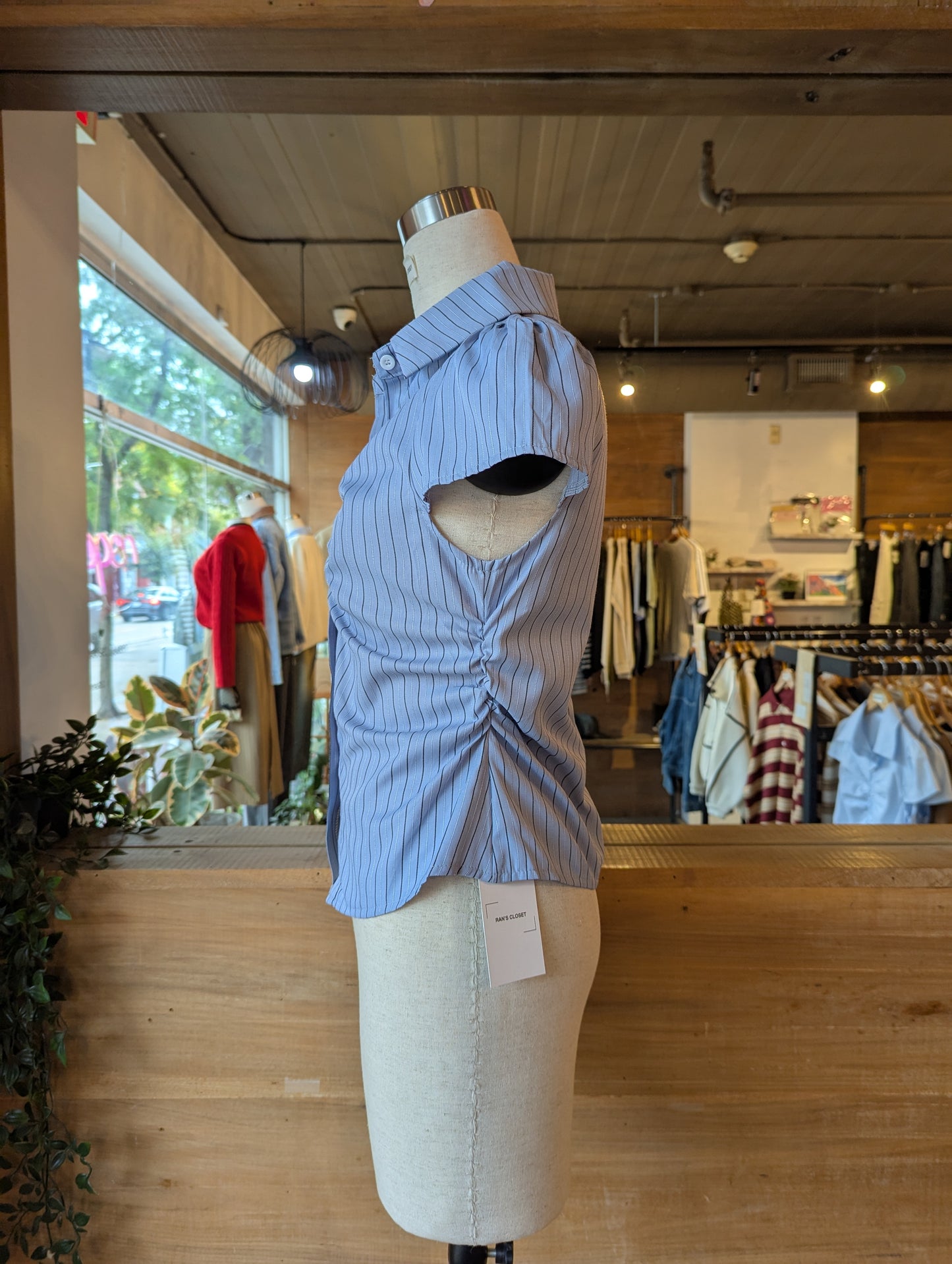 Short Sleeve Stripe Ruched Button Down