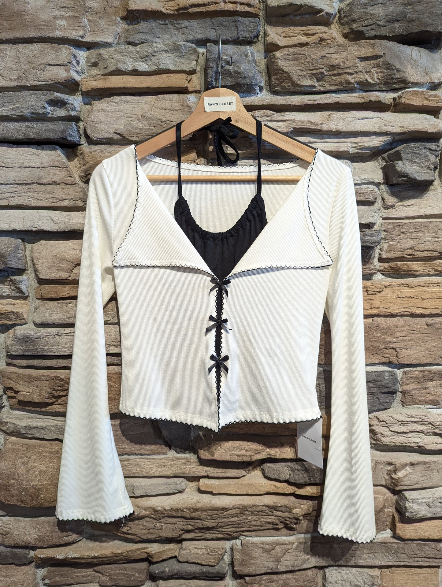 Ribbed Bell Sleeve Ribbon Detail Set