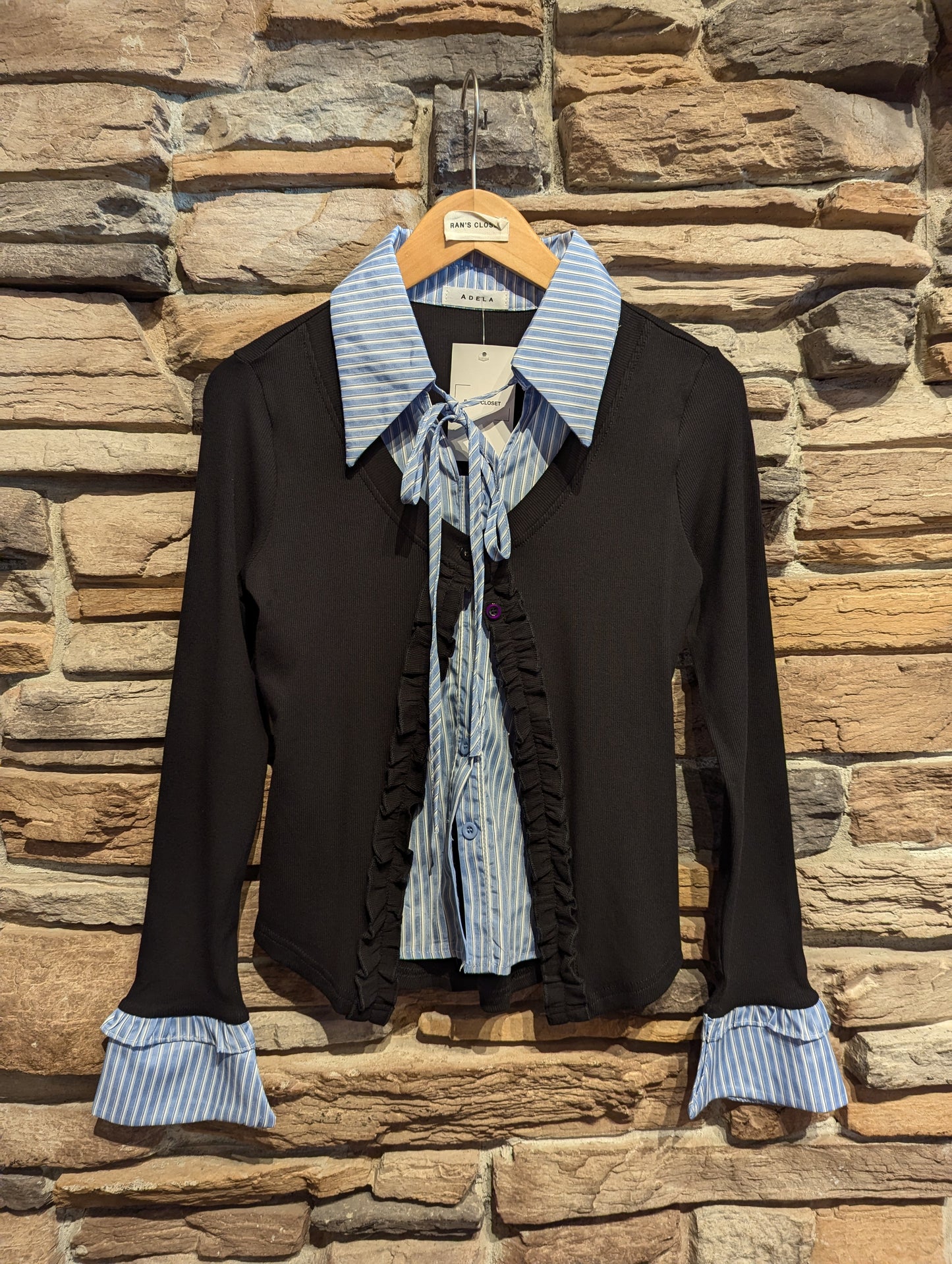 Ruffle Cardigan with Built in Collar Shirt