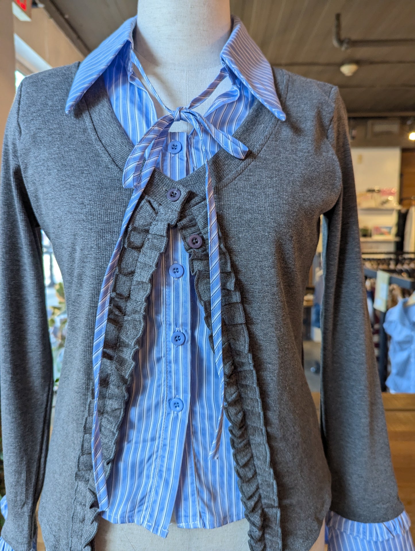 Ruffle Cardigan with Built in Collar Shirt