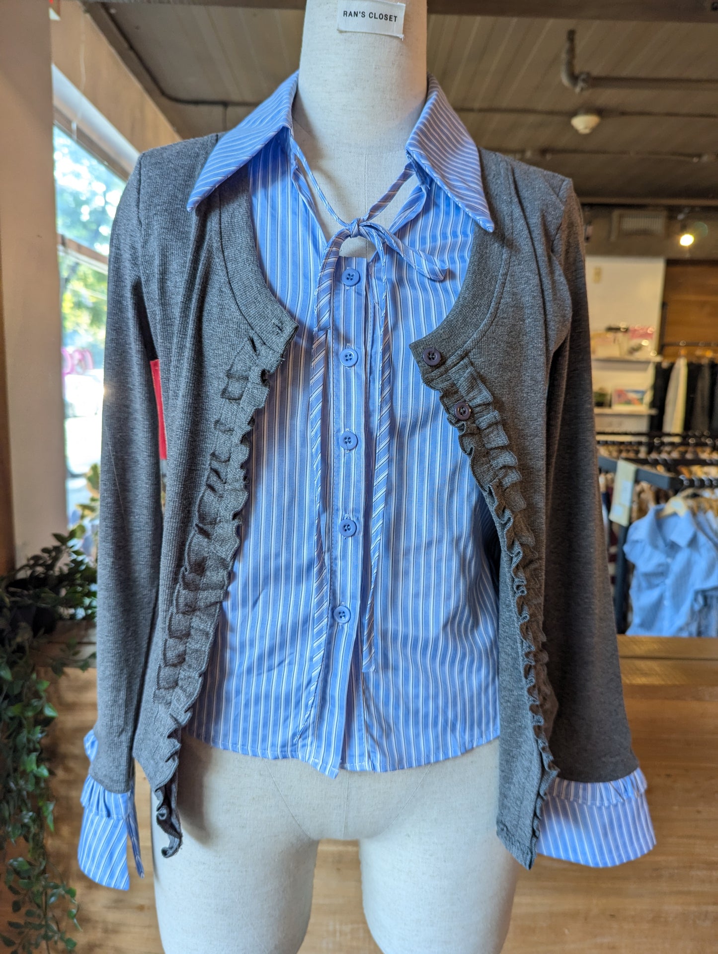 Ruffle Cardigan with Built in Collar Shirt