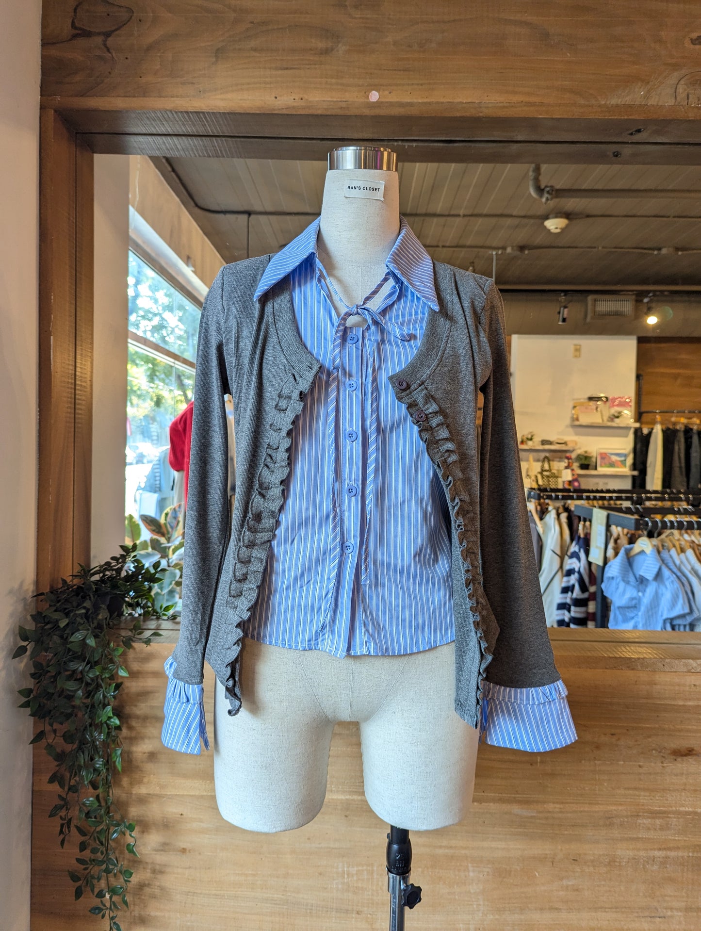 Ruffle Cardigan with Built in Collar Shirt