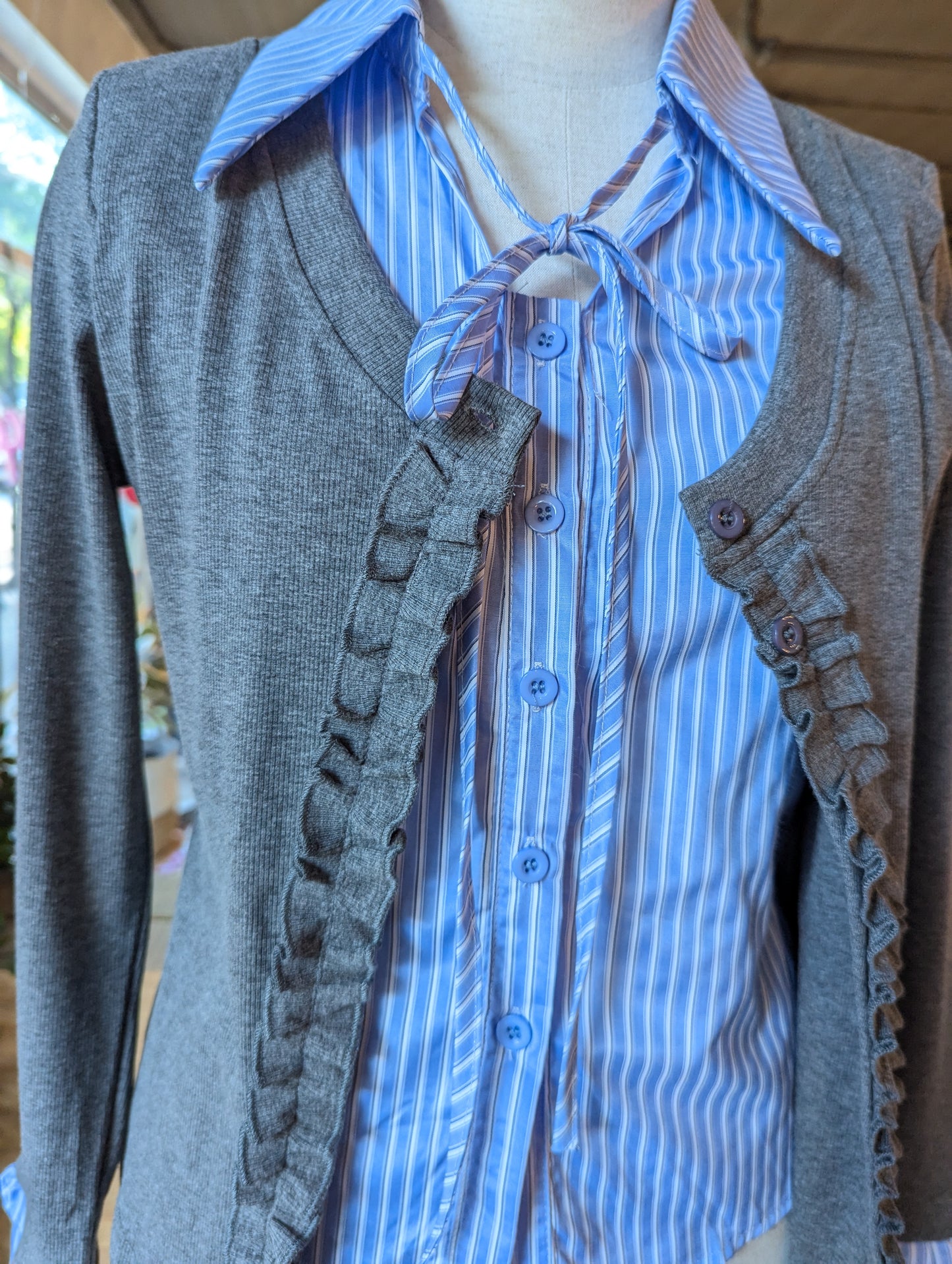 Ruffle Cardigan with Built in Collar Shirt