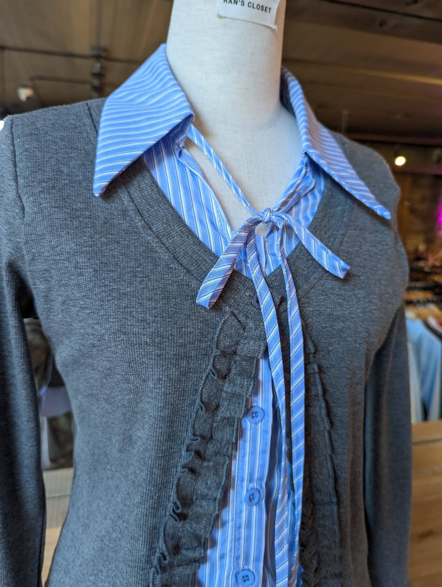 Ruffle Cardigan with Built in Collar Shirt