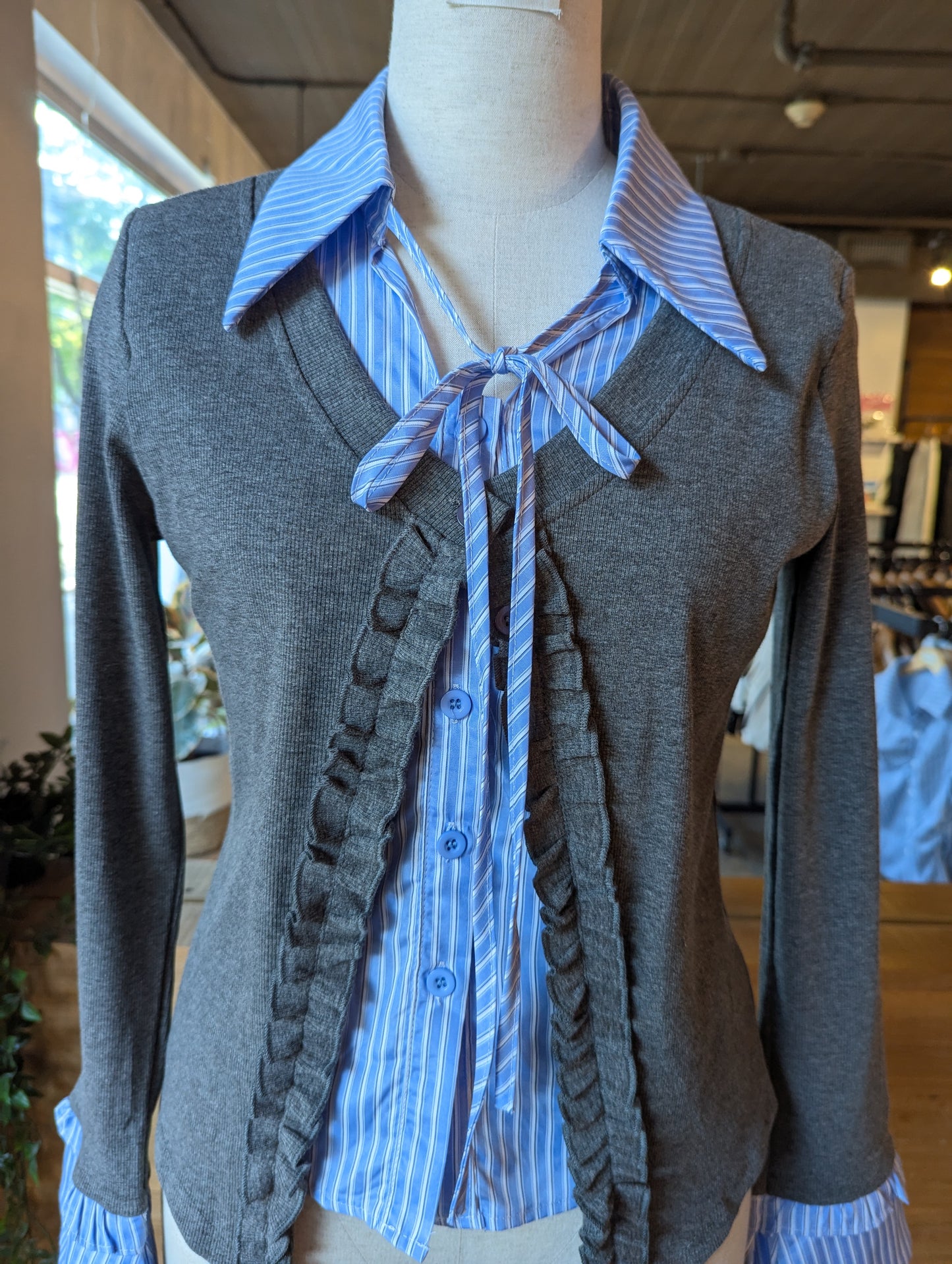 Ruffle Cardigan with Built in Collar Shirt