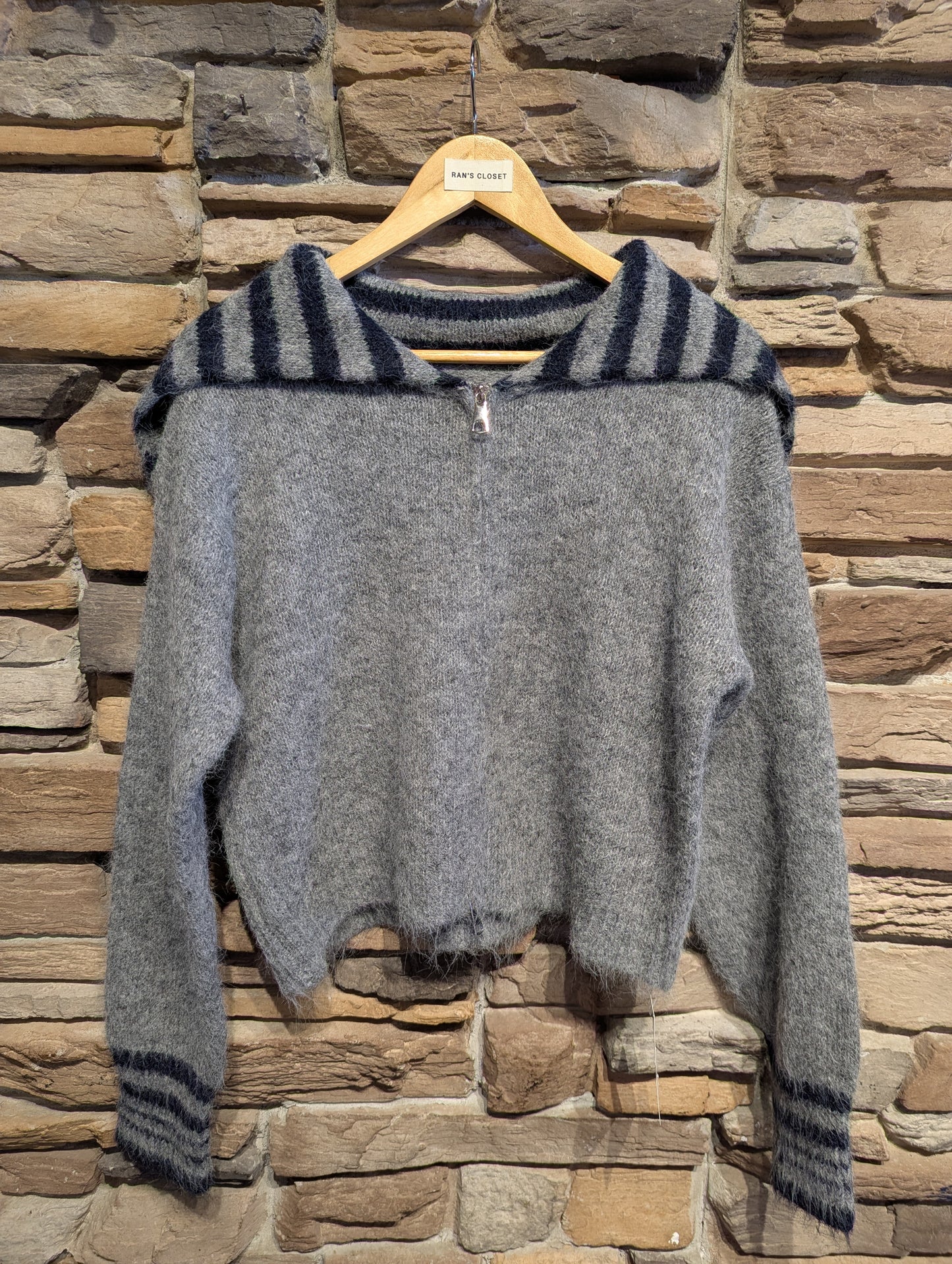 Oversized Striped Collar Zip Up Sweater