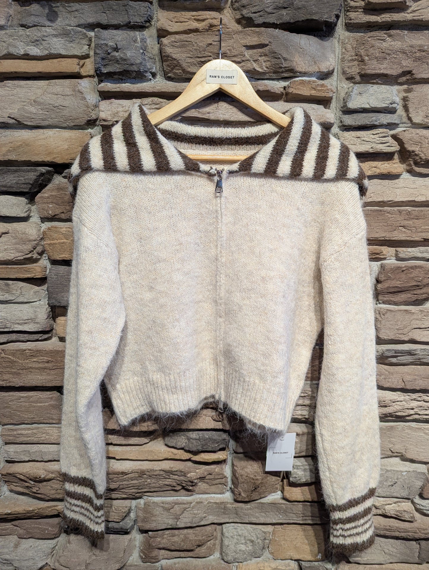 Oversized Striped Collar Zip Up Sweater