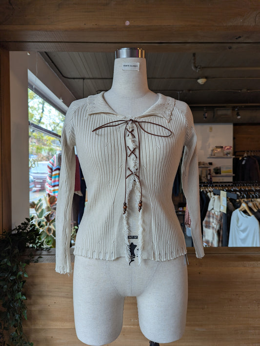 Lace Up Distressed Knit Top