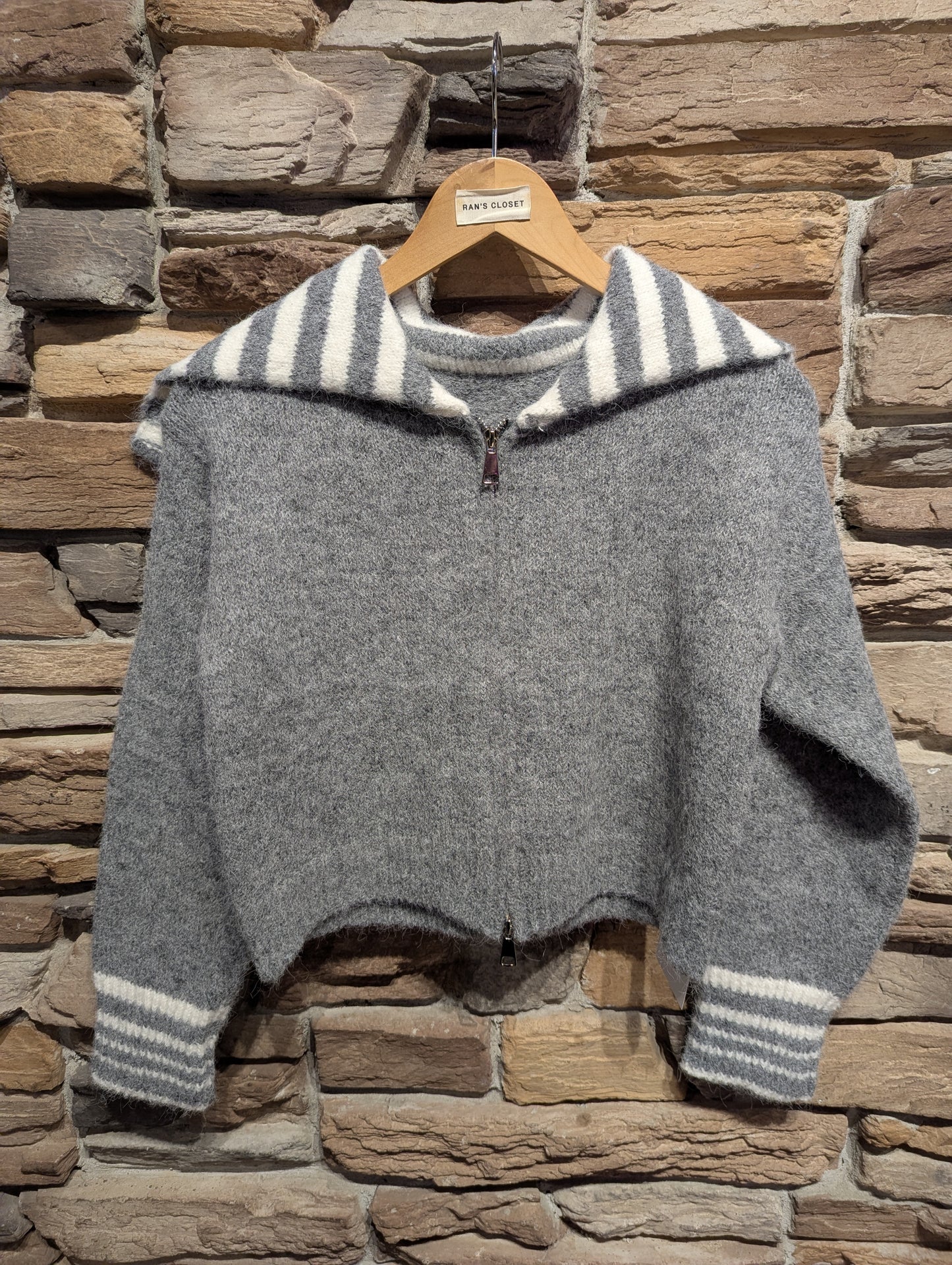 Oversized Striped Collar Zip Up Sweater