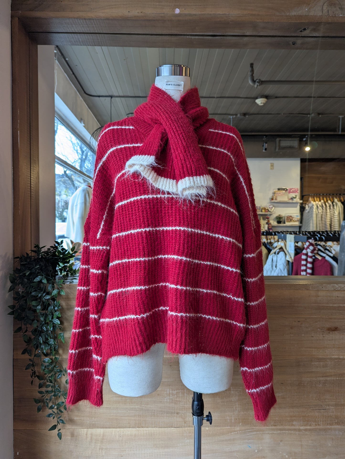 Oversized Striped Sweater with Short Scarf