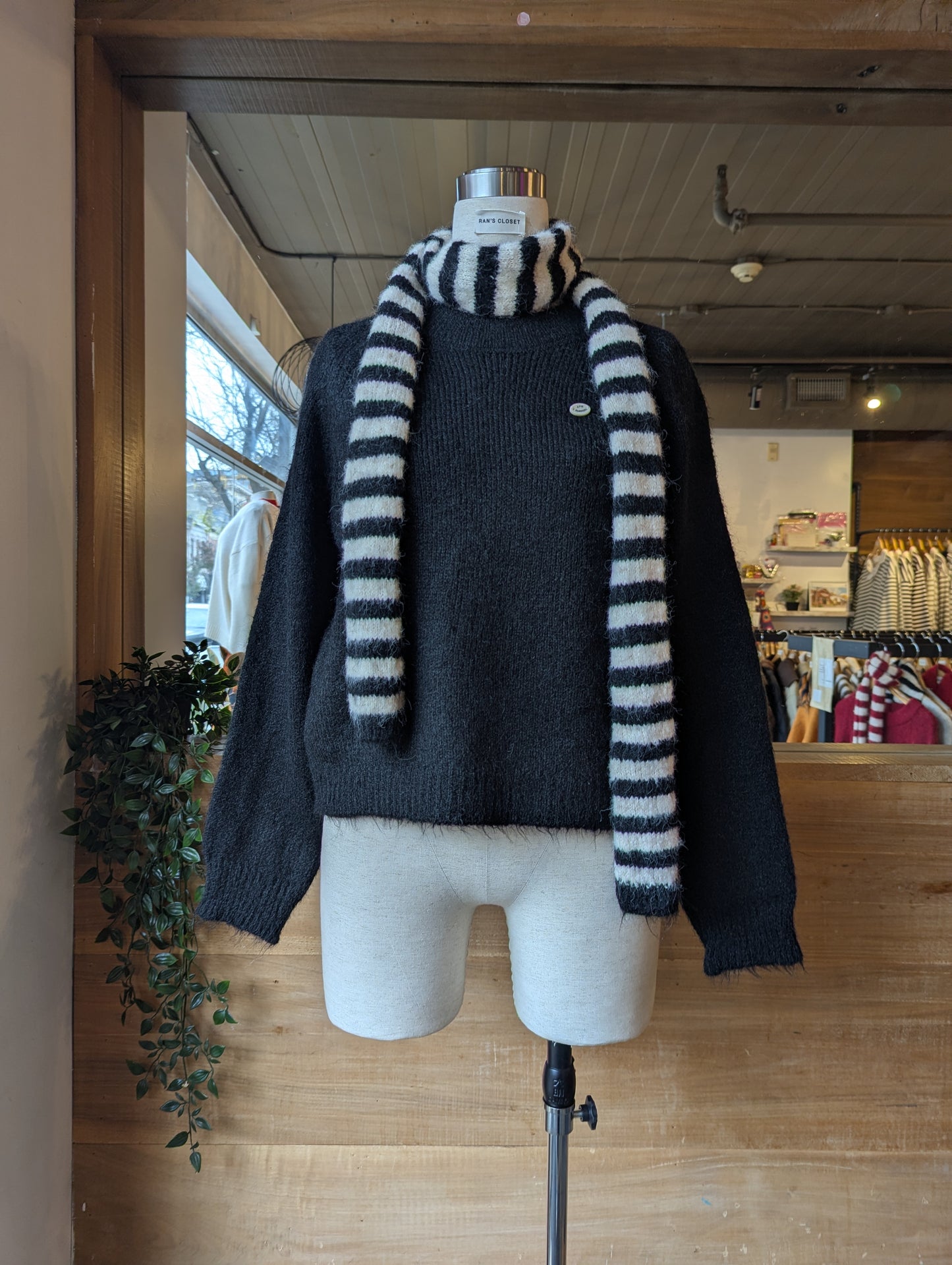 Sweater with Striped Scarf Set