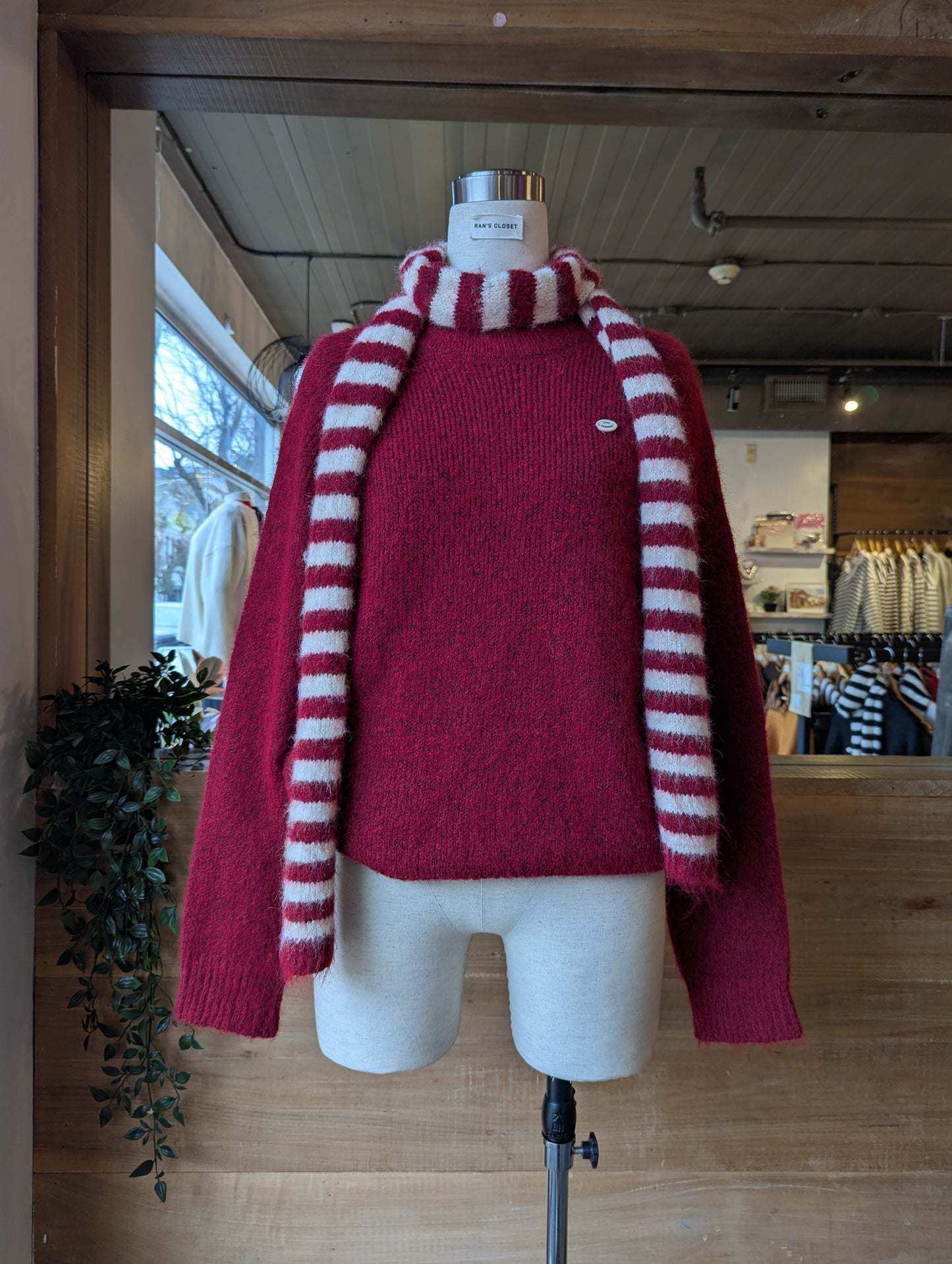Sweater with Striped Scarf Set