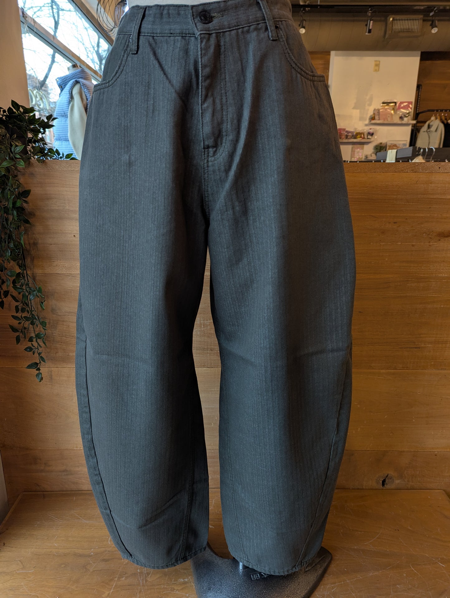 Fleece Lined High Rise Barrel Jeans with Pinstripes