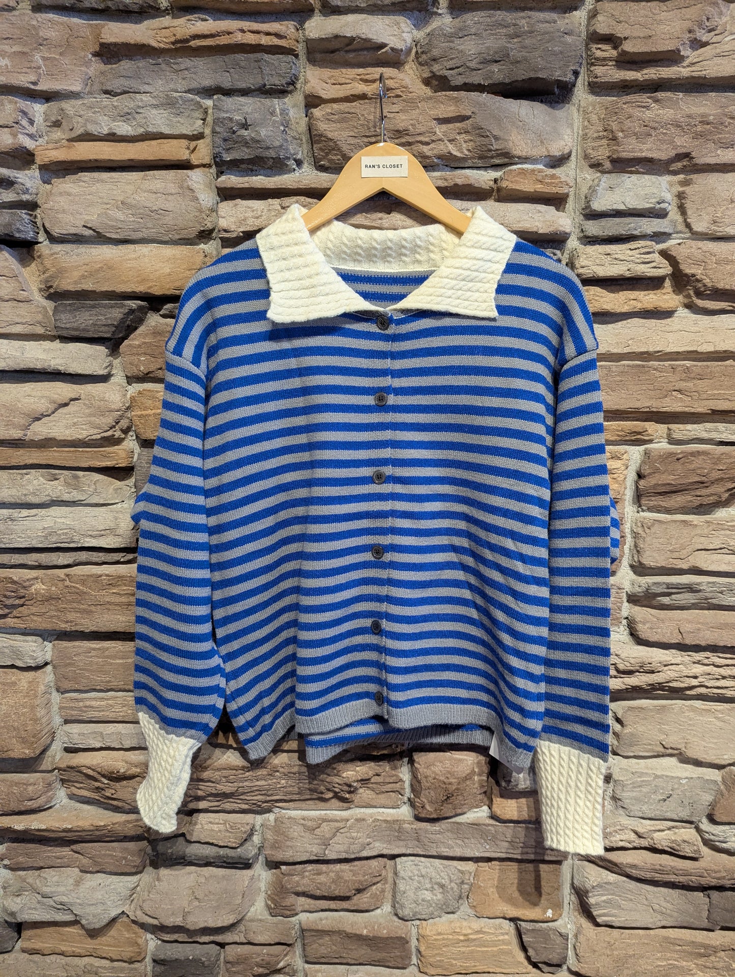 Striped Button Up Cardigan with Cable Knit Detailing