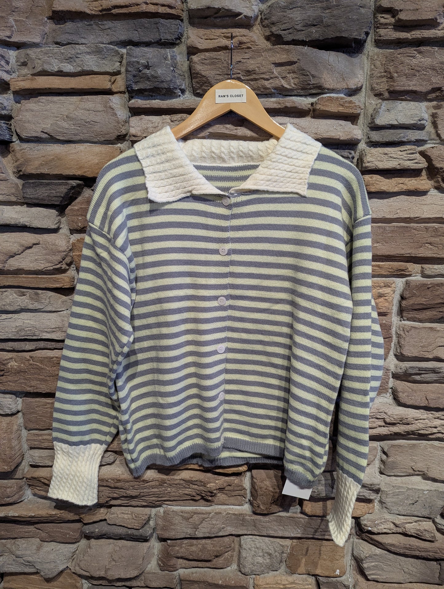 Striped Button Up Cardigan with Cable Knit Detailing