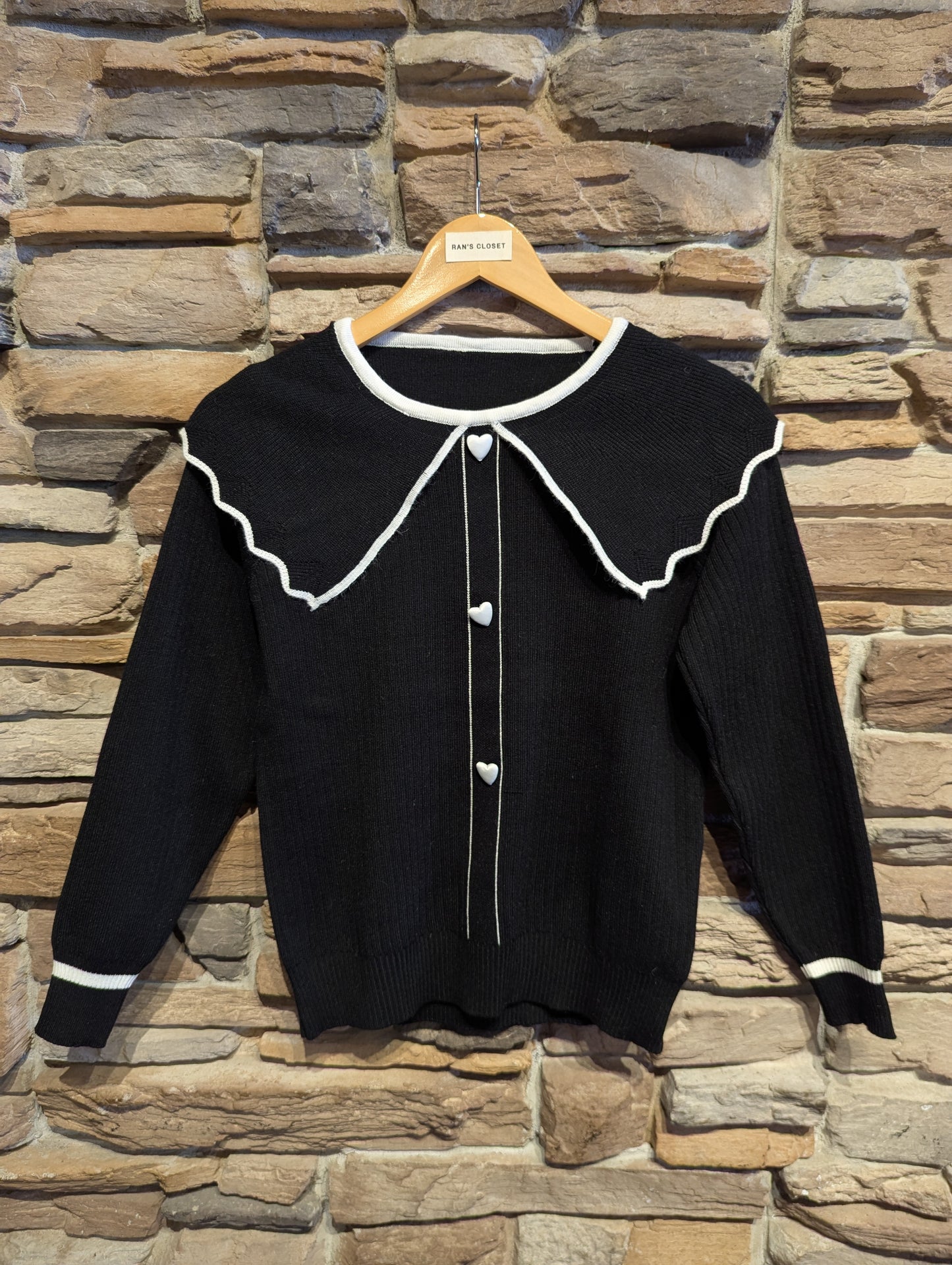 Heart Buttoned Cardigan with Oversized Collar