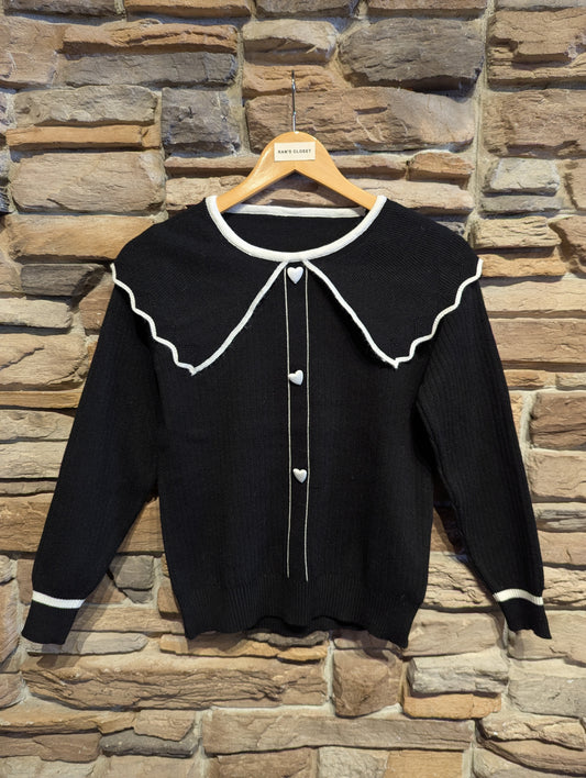 Heart Buttoned Cardigan with Oversized Collar