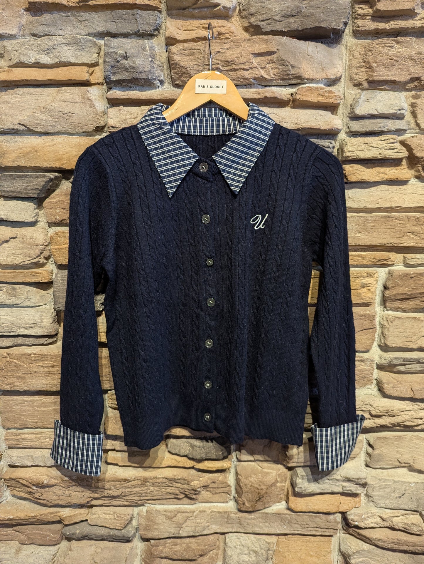 "U' Embroidered Cable Knit Cardigan with Plaid detail