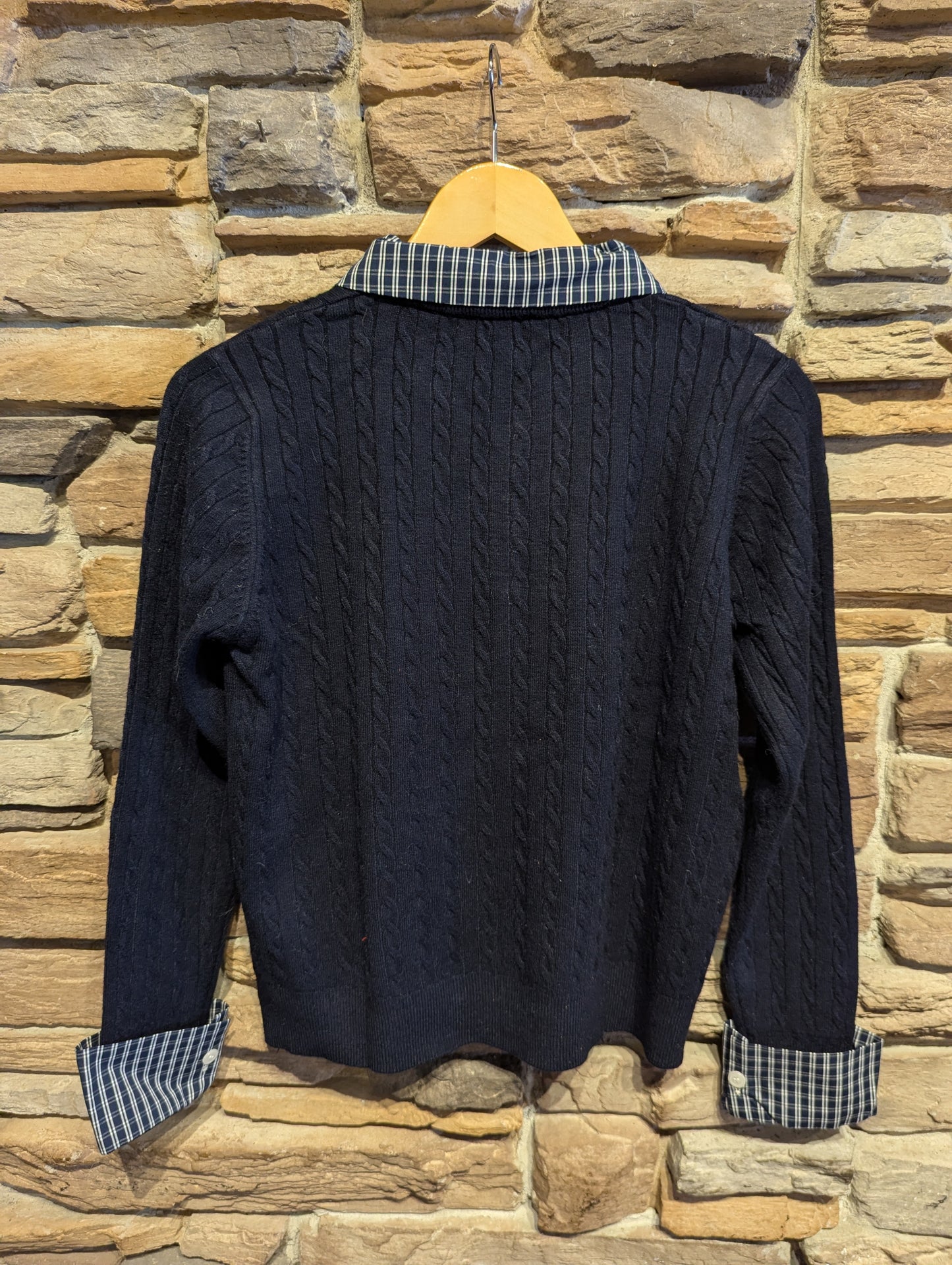 "U' Embroidered Cable Knit Cardigan with Plaid detail