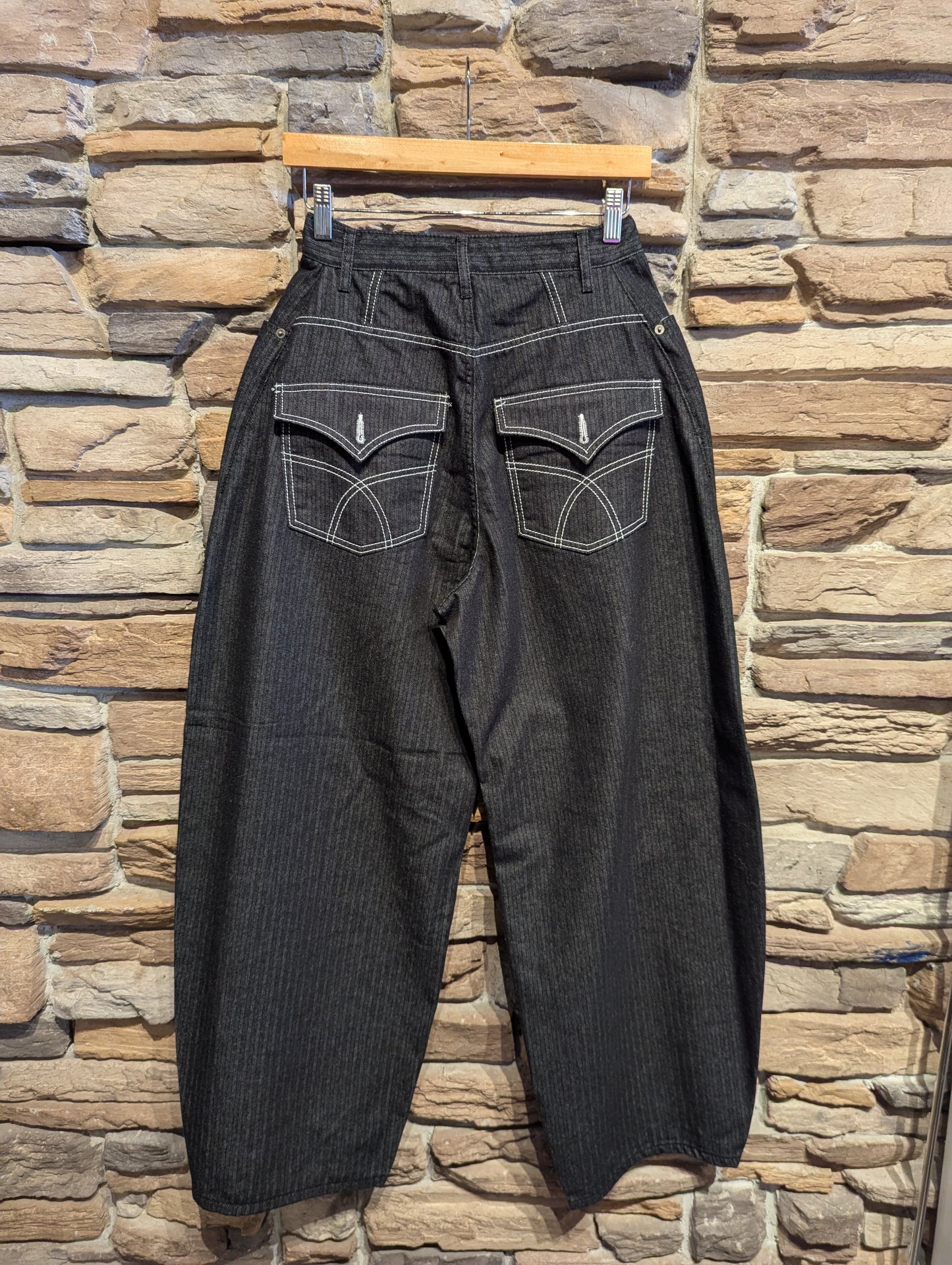 Fleece Lined High Rise Barrel Jeans with Pinstripes