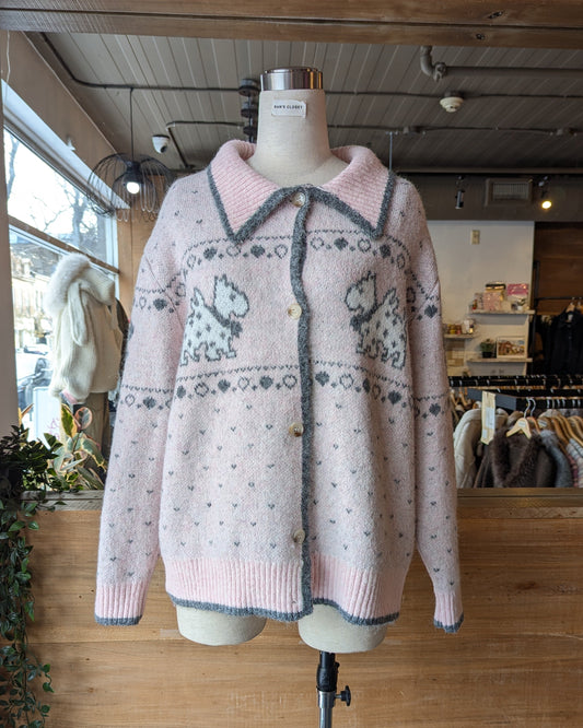 Dog Graphic Collared Knit Cardigan