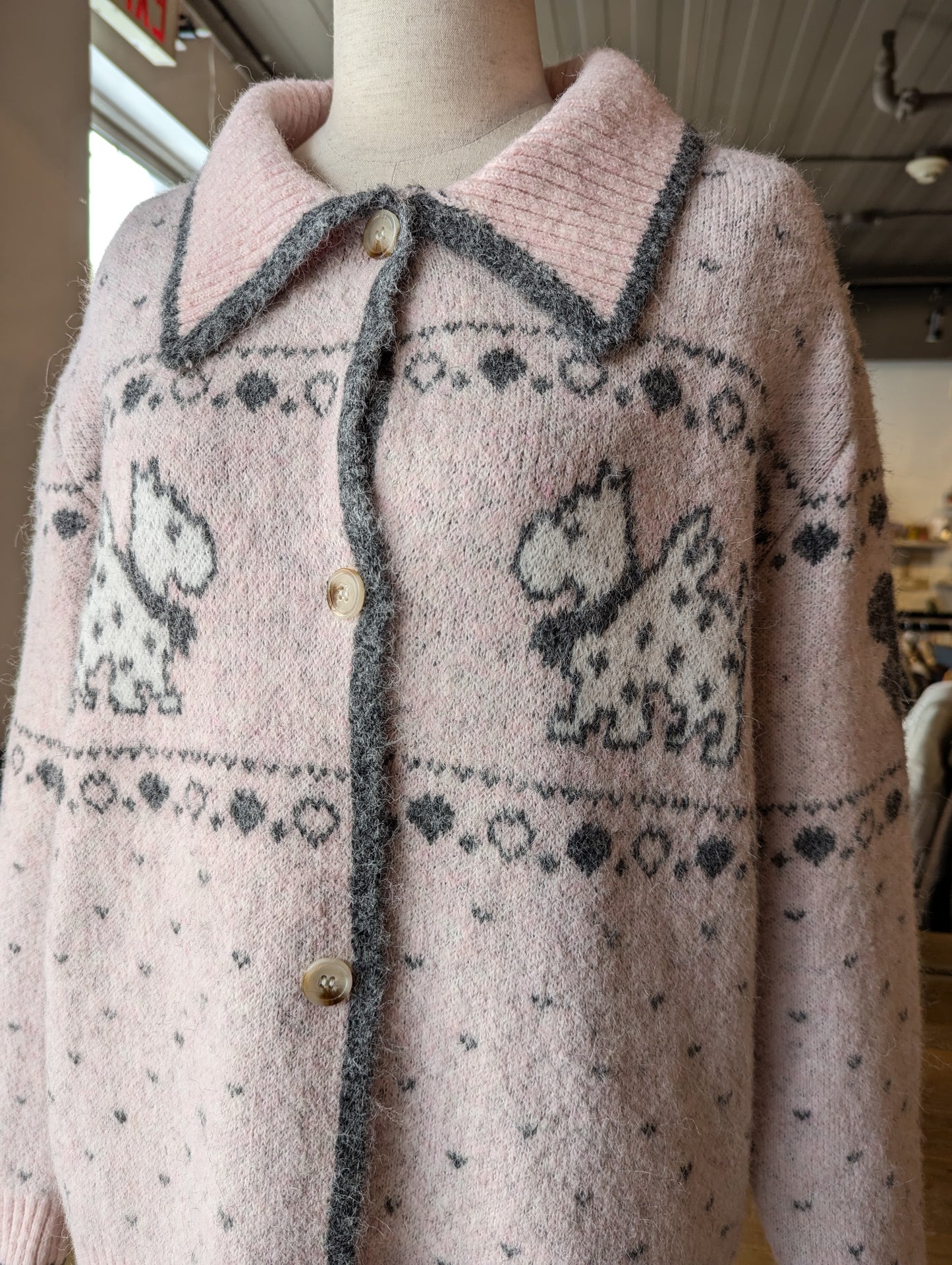 Dog Graphic Collared Knit Cardigan