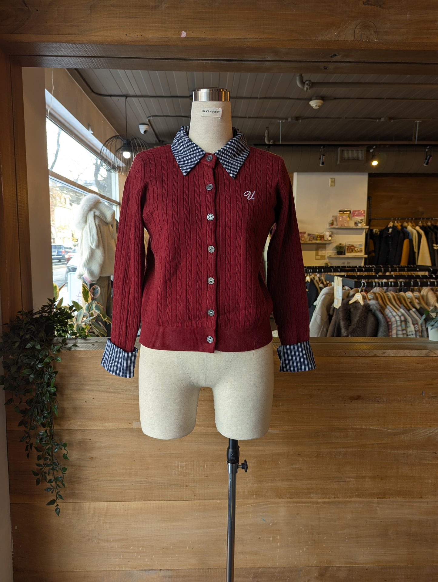 "U' Embroidered Cable Knit Cardigan with Plaid detail