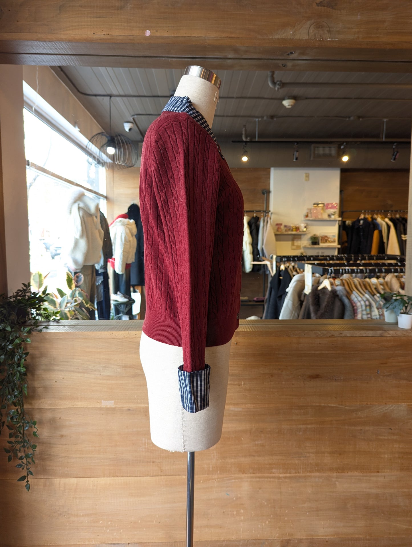 "U' Embroidered Cable Knit Cardigan with Plaid detail