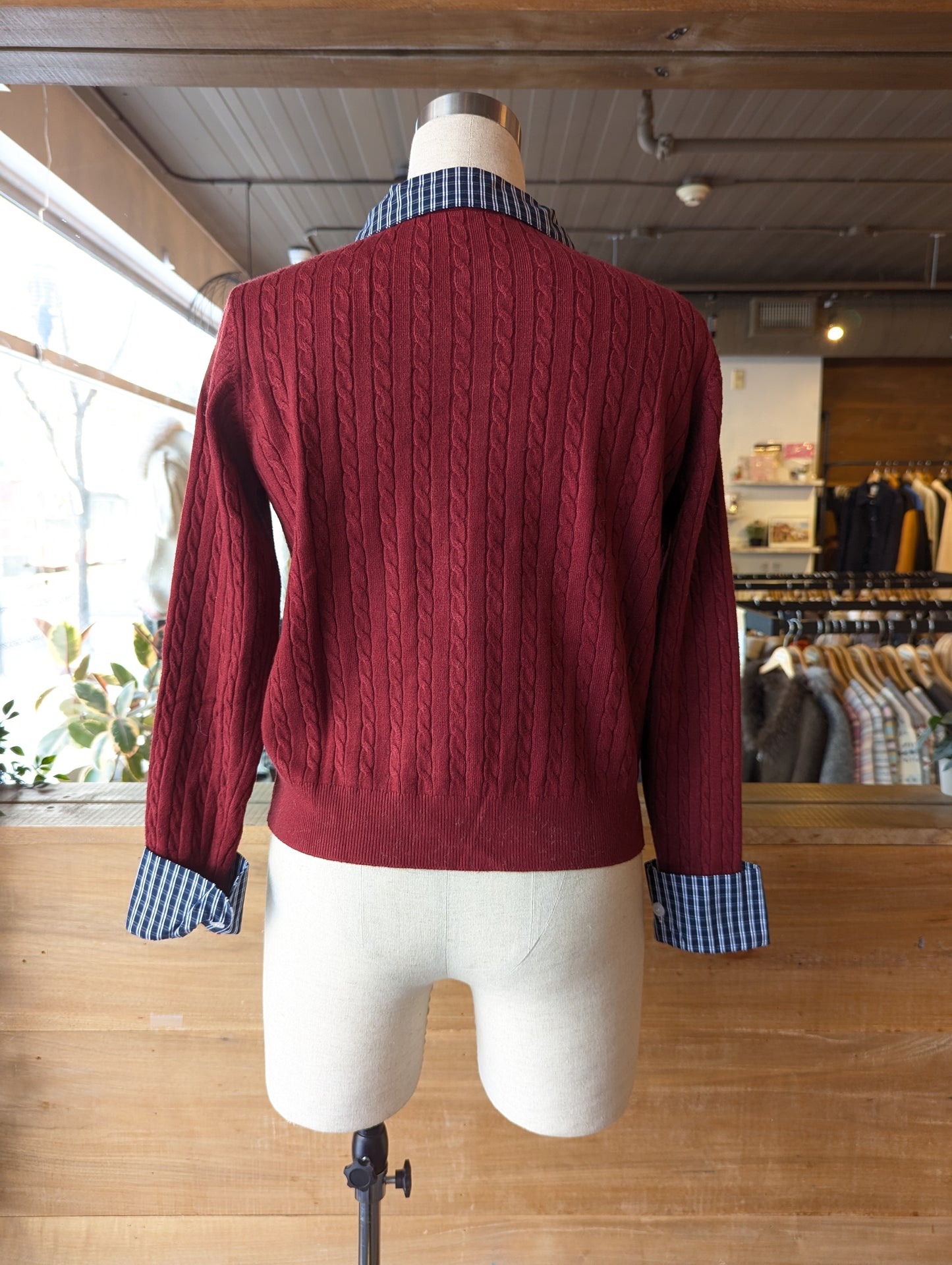 "U' Embroidered Cable Knit Cardigan with Plaid detail