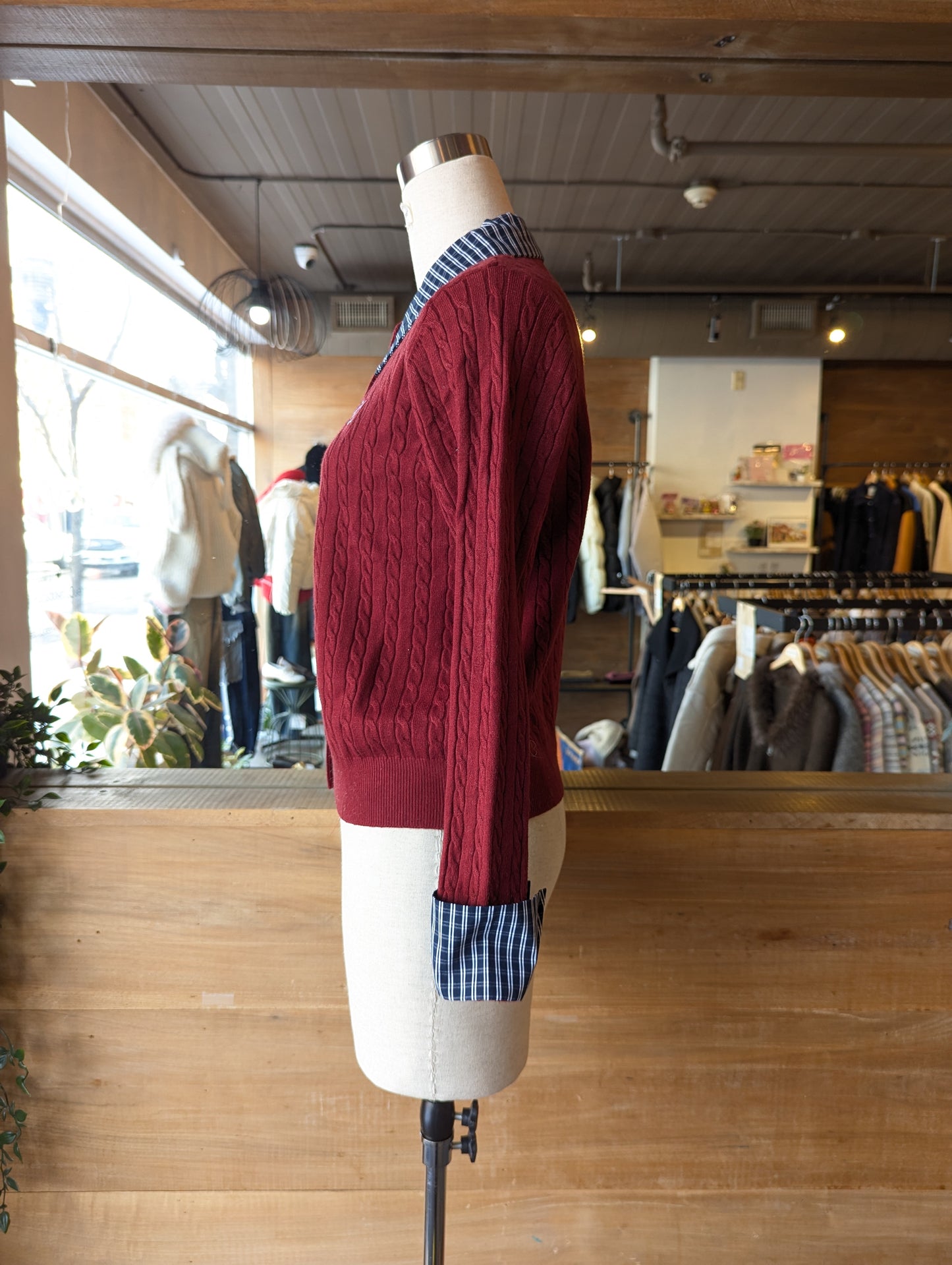 "U' Embroidered Cable Knit Cardigan with Plaid detail