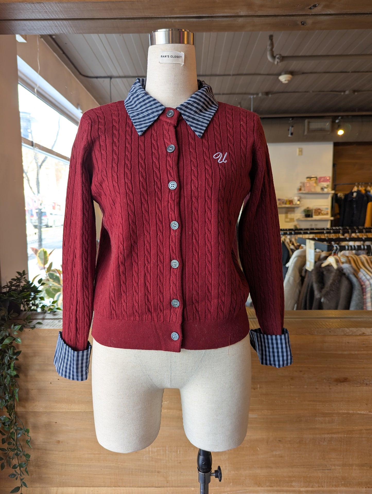 "U' Embroidered Cable Knit Cardigan with Plaid detail