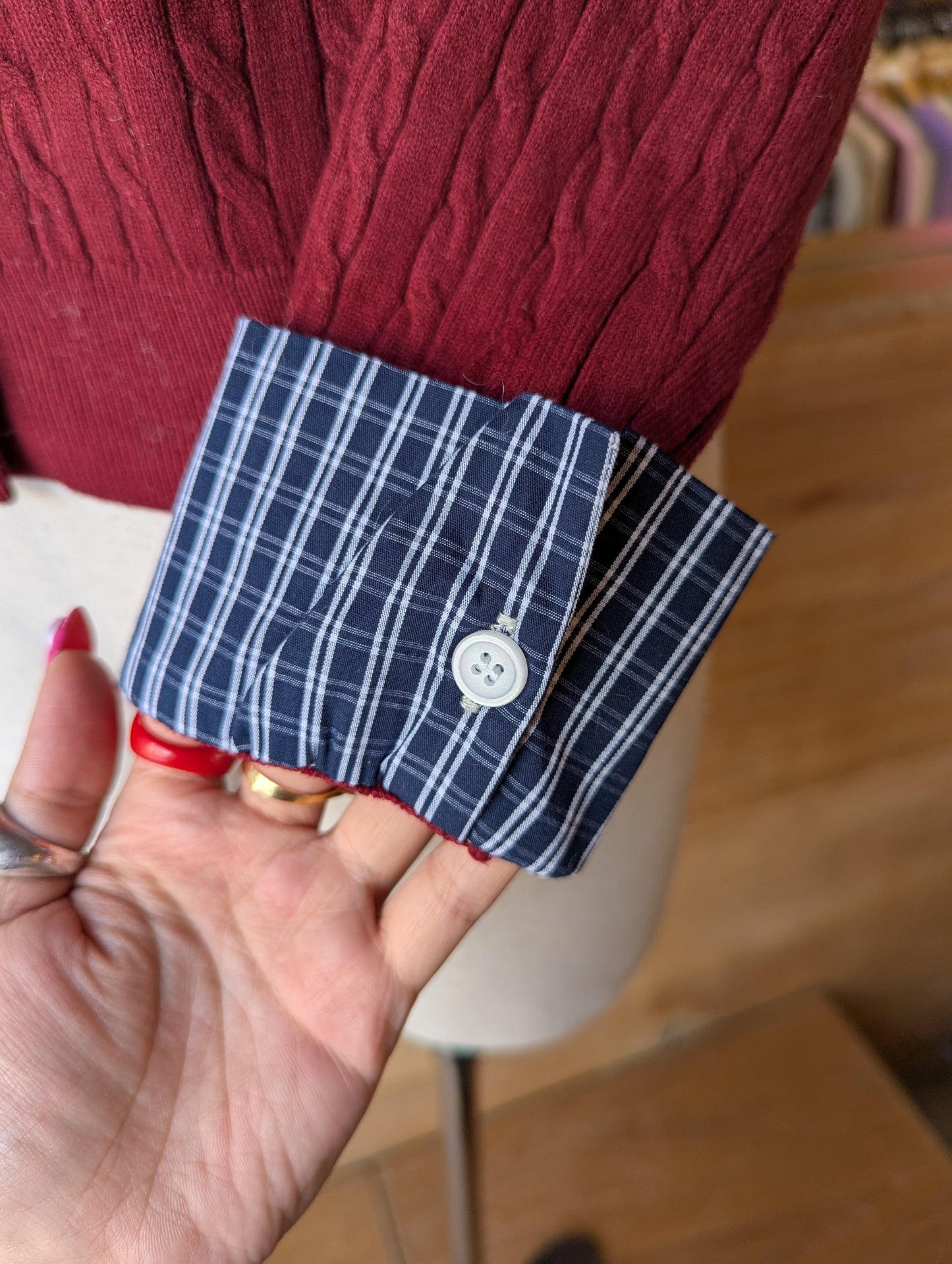 "U' Embroidered Cable Knit Cardigan with Plaid detail