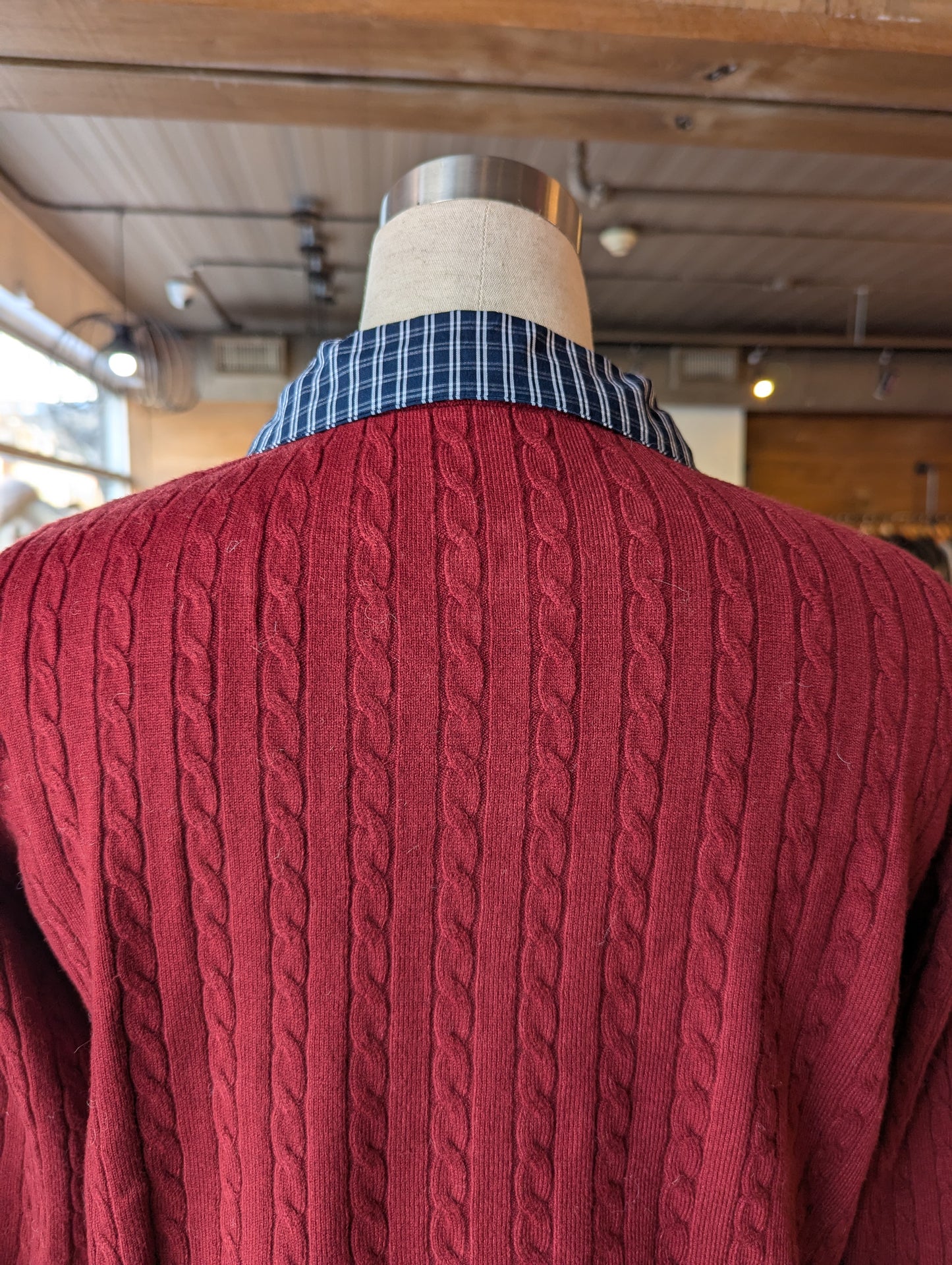 "U' Embroidered Cable Knit Cardigan with Plaid detail