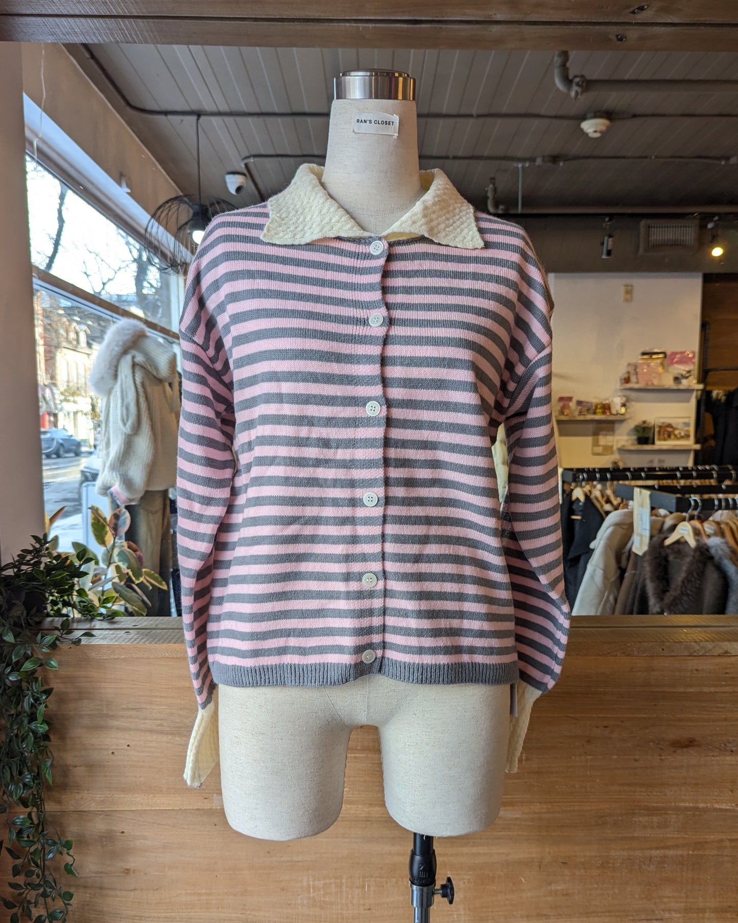 Striped Button Up Cardigan with Cable Knit Detailing