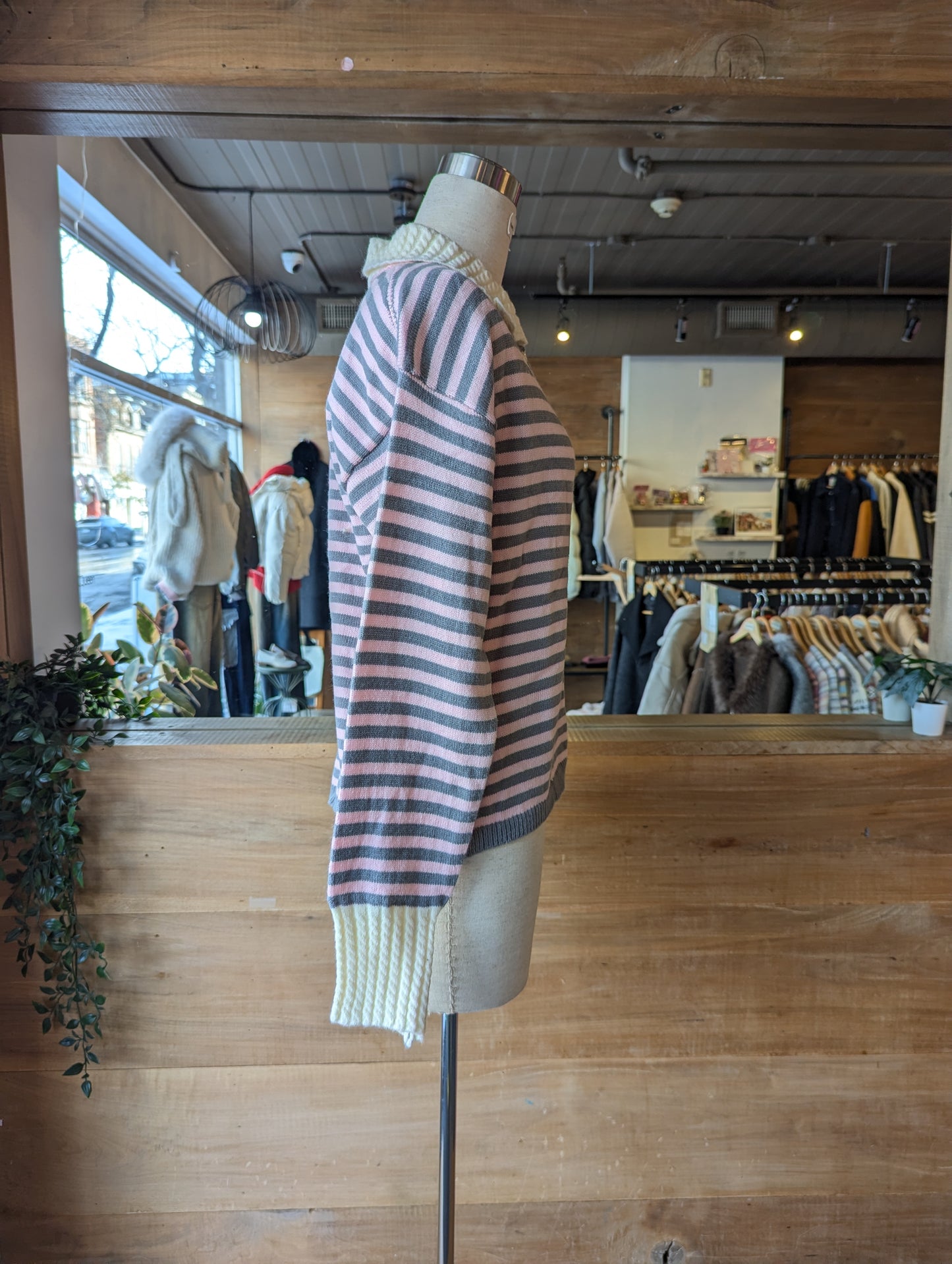 Striped Button Up Cardigan with Cable Knit Detailing